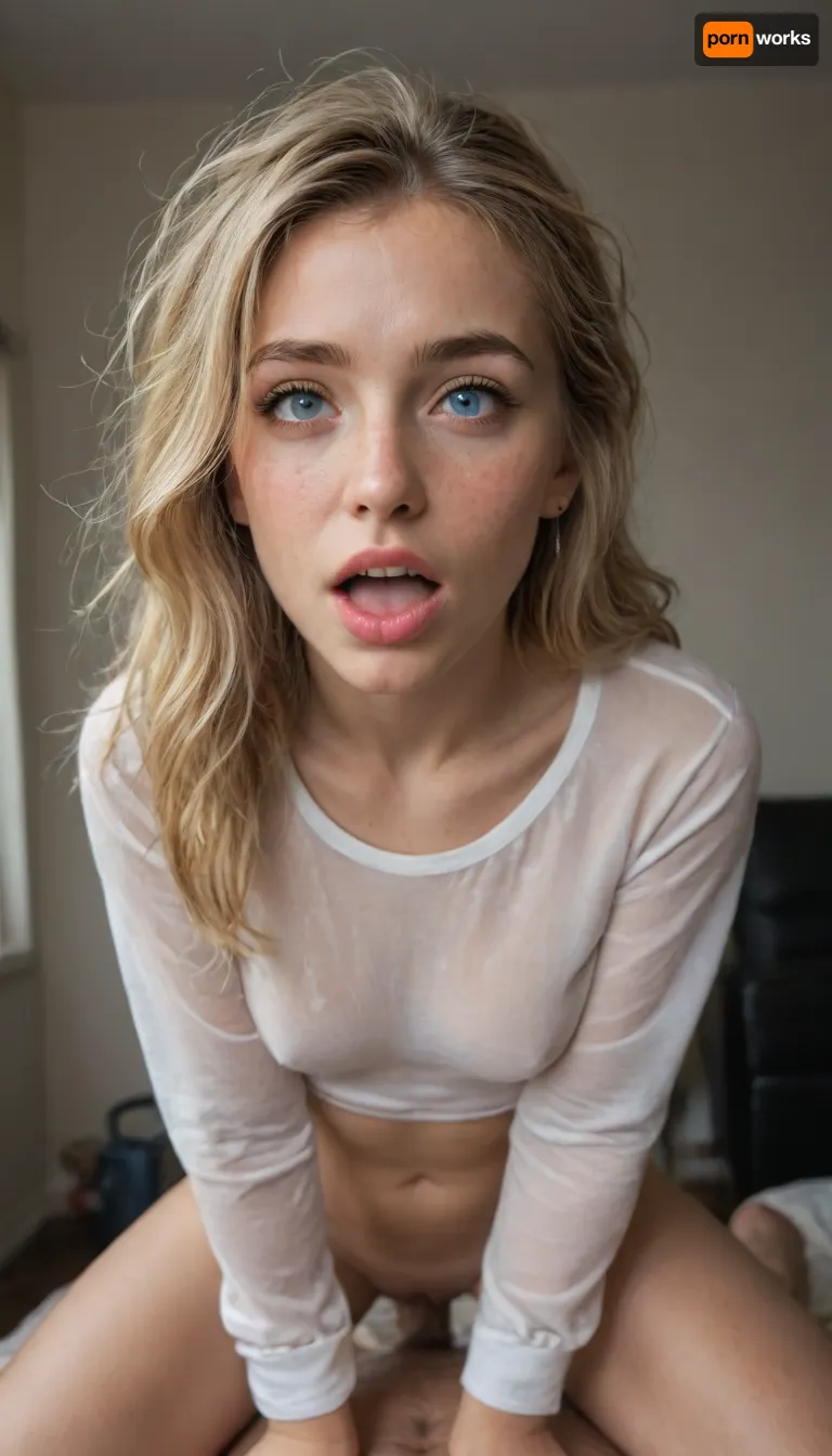 ((19yo fitness model girl on her knees)), ((skinny face)), ((long blonde messy after sex hair)), skinny, perfect body, perfect breasts, looking up at viewer, eye contact, (detailed face:1.3), with pokies, pokies, see-through top, long sleeves, surprised, austrian, big tits, vampire teeth, freckles, piercing eyes, messy updo, evil, demon, white cotton shirt, cuminmouth, AGGA_STH002, bright, ahegao, huge tits, color, straddling, pov, very messy hair, 1girl, hair, over, one, eye, <lora:facialized:.9>