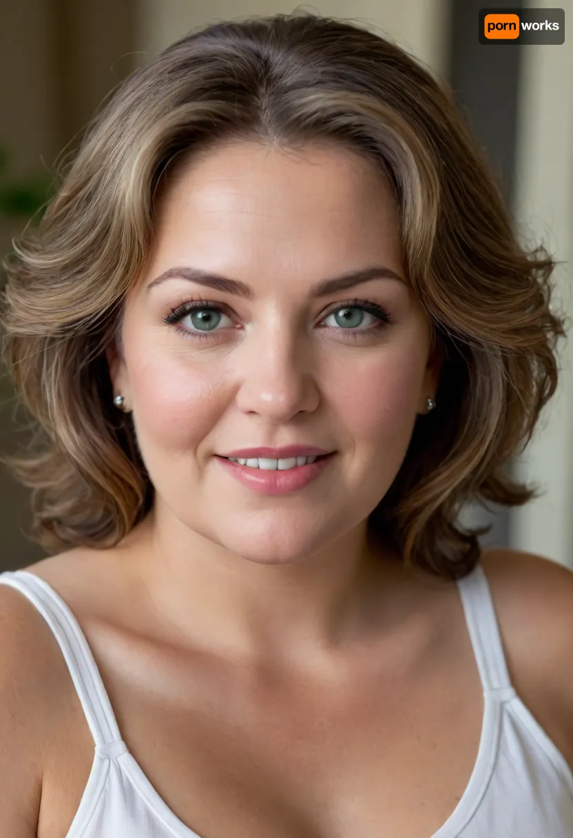 Lubica stepaunt, Ultra realistic and life like upper body Portrait of a obese fat bbw 60 year old mature woman. She is wearing a white sleeveless top with a plunging neckline. She is not wearing a bra under her clothing and appears braless. Her bust is full, and her breasts are saggy. Mature face, and facial features, chubby face, round face. captivating eyes, striking beautiful eyes, detailed eyes, detailed skin, plump lips, juicy lips, pretty smile, lips parted, teeth showing, wrinkles. Her hair is parted on the side and frames her face softly. Her smile is genuine and friendly, with crinkles at the corners of her eyes, suggesting a joyful and confident nature. She is looking directly at the camera with a relaxed and approachable gaze.Her complexion is smooth and radiant. PHOTOREALISTIC, highly detailed, an exotic Eastern European and Mediterranean appearance. Her captivating light green eyes are expressive and warm, framed by subtle lines at the corners. Her full, plump, naturally colored lips are in a, big inviting smile. Her warm, natural complexion shows age-appropriate wrinkles and skin imperfections. Her multi-toned brown hair, with natural streaks of light brown and hints of silver or gray at the temples, is styled in soft waves. Her skin displays faint stretch marks, adding to her realistic mature beauty. Her posture is confident and relaxed, exuding inherent sensuality. The image should capture rich detail, emotional intimacy, and visual realism, showcasing her mature beauty and seductive body language. Shot on Canon EOS R5, 85mm f/1.2, studio lighting., ((high quality, 4k, realistic, high detailed, insanely detailed, real, best quality, ultra-detailed, fine detail, professional photography, taken with Canon EOS 5D Mark IV DSLR, aperture f/8, shutter speed 1/250 sec, ISO 100, highres, 8k wallpaper, cinematic lighting, masterpiece, heavily upvoted)), ((masterpiece)), high detail, complex details, OverallDetail, perfect lighting, professional realistic photo