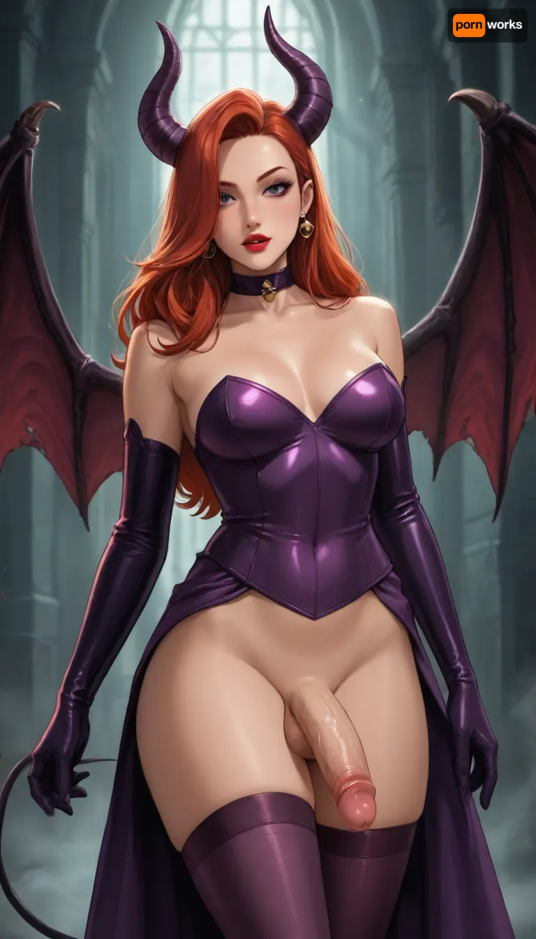 Score_9, score_8_up, score_7_up, reiq meets markgavatino and melkor mancin artstyle. Jessica rabbit., ((large demonic wings that are black and fade to purple)), black to purple demon horns, demon tail, demonic, succubus, (((transgender))), (((futanari))), trans, femboy, shemale, tranny.
purple and red hair., (((penis))), (very thick penis), balls, penis visible, natural breasts, soft breasts, arching back, luxurious tight dark purple micro dress, no panties, strip club, bright apotlight, ratatatat74, high contrast, (thick outline)