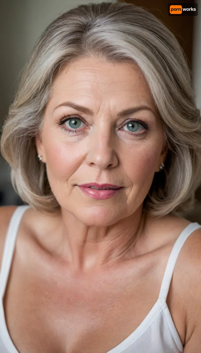 (gilf:1.5), Lubica stepaunt, Ultra realistic and life like upper body Portrait of a obese fat bbw 60 year old mature woman. She is wearing a white sleeveless top with a plunging neckline. She is not wearing a bra under her clothing and appears braless. Her bust is full, and her breasts are saggy. Mature face, and facial features, chubby face, round face. captivating eyes, striking beautiful eyes, detailed eyes, detailed skin, plump lips, juicy lips, pretty smile, lips parted, teeth showing, wrinkles. Her hair is parted on the side and frames her face softly. Her smile is genuine and friendly, with crinkles at the corners of her eyes, suggesting a joyful and confident nature. She is looking directly at the camera with a relaxed and approachable gaze.Her complexion is smooth and radiant. PHOTOREALISTIC, highly detailed, an exotic Eastern European and Mediterranean appearance. Her captivating light green eyes are expressive and warm, framed by subtle lines at the corners. Her full, plump, naturally colored lips are in a, big inviting smile. Her warm, natural complexion shows age-appropriate wrinkles and skin imperfections. Her multi-toned brown hair, with natural streaks of light brown and hints of silver or gray at the temples, is styled in soft waves. Her skin displays faint stretch marks, adding to her realistic mature beauty. Her posture is confident and relaxed, exuding inherent sensuality. The image should capture rich detail, emotional intimacy, and visual realism, showcasing her mature beauty and seductive body language. Shot on Canon EOS R5, 85mm f/1.2, studio lighting., ((high quality, 4k, realistic, high detailed, insanely detailed, real, best quality, ultra-detailed, fine detail, professional photography, taken with Canon EOS 5D Mark IV DSLR, aperture f/8, shutter speed 1/250 sec, ISO 100, highres, 8k wallpaper, cinematic lighting, masterpiece, heavily upvoted)), ((masterpiece)), high detail, complex details, OverallDetail, perfect lighting, professional realistic photo
