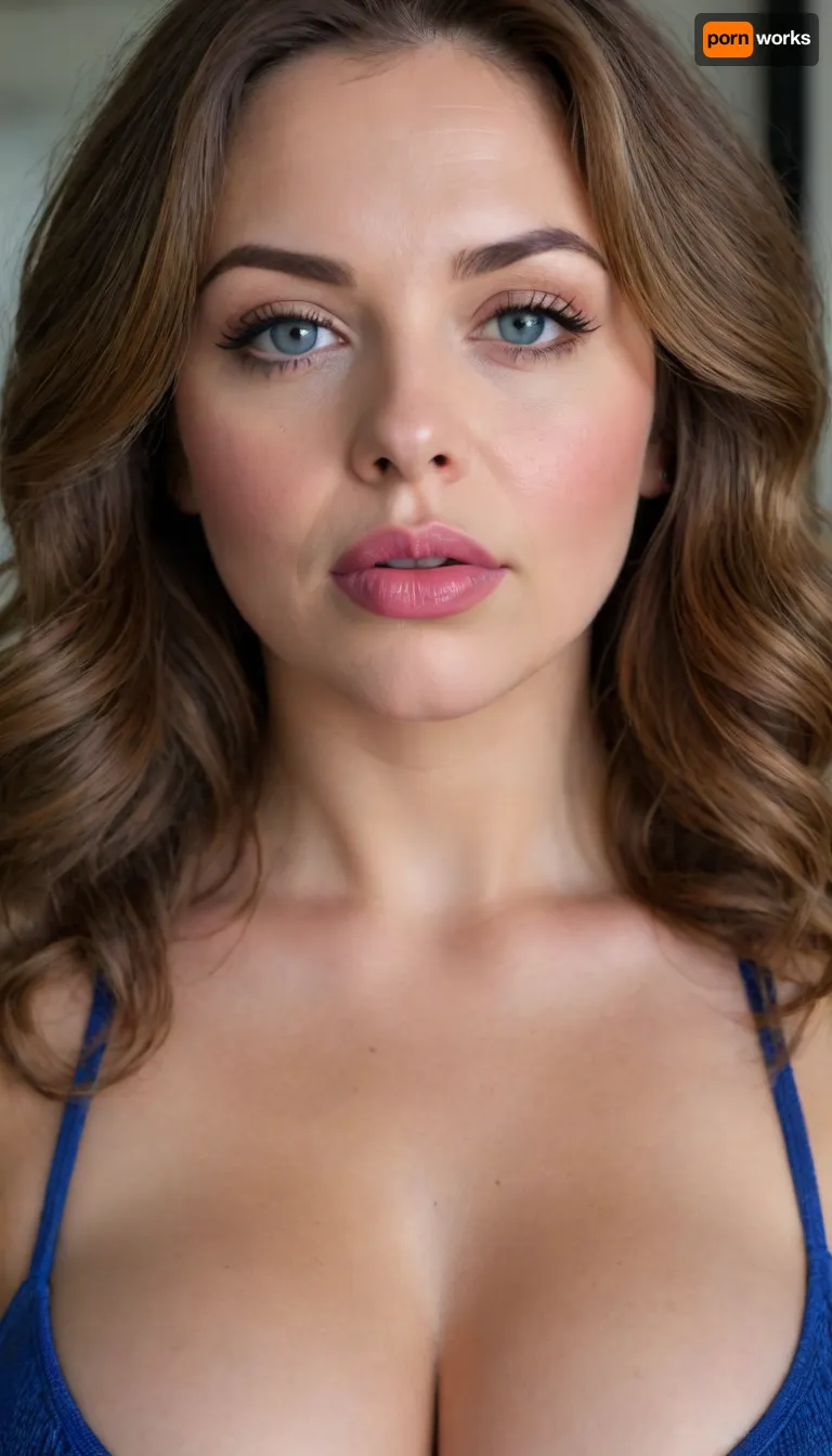 Mature milf, chubby face, big lips, juicy lips, realistic Portrait, up close picture of face. symmetrical face. wavy brown balayage hair, big-eyed brunette, no makeup, (big blue eyes), (full lips:1.4), (chubby cheeks:1.2), (small nose:1.2), sexy look. Tight v-neck spaghetti strap tank top, hard nipples
