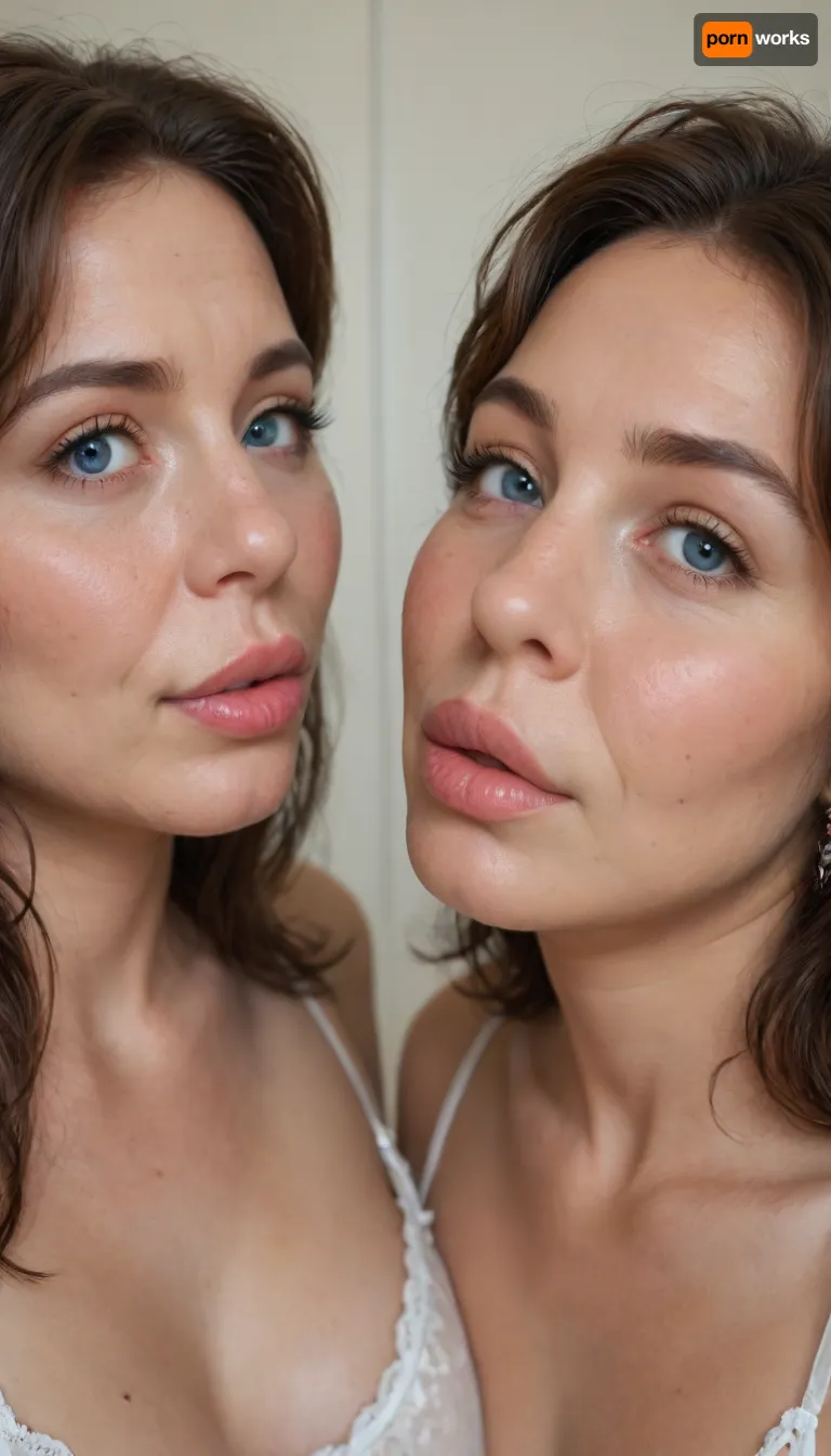 (mature:1.5), 2gilfs, Mature milf, chubby face, big lips, juicy lips, realistic Portrait, up close picture of face. symmetrical face. wavy brown balayage hair, big-eyed brunette, no makeup, (big blue eyes), (full lips:1.4), (chubby cheeks:1.2), (small nose:1.2), sexy look. Tight v-neck spaghetti strap tank top, hard nipples