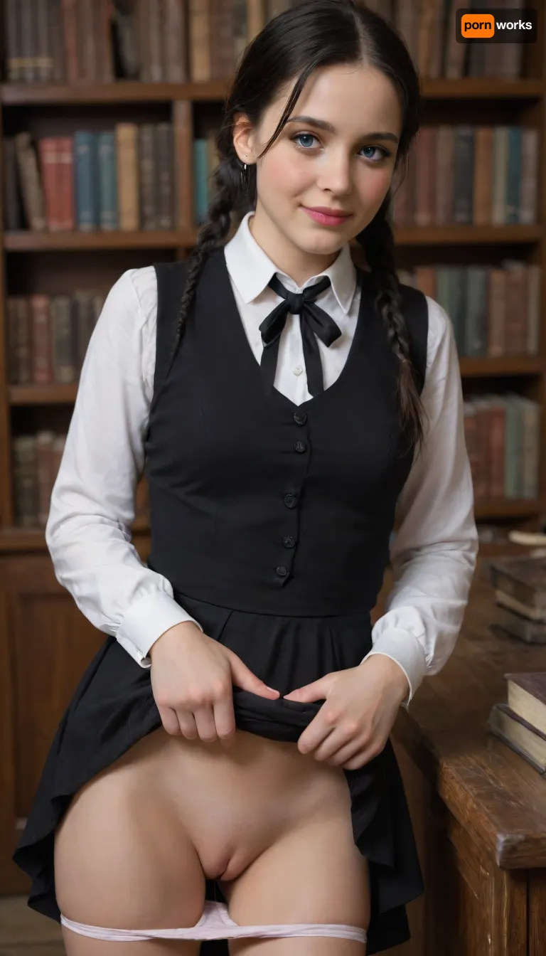 Sexy 25 yearold girl, bending on corner of desk, (young, cute, tiny, pretty, petite), (((large blue eyes))), (((long black hair))), wednesday Addams oufit, she lifts her skirt, her small pussy exposed, ((realistic tiny vagina)), ((ejaculating from her tiny pussy)), ((shy, smiling), (blushing:1.5)), in medieval library with books stacked on tables, ((upskirt view)), film photography, vintage, realistic, sharp focus, (very detailed), ((4K HQ)), High contrast, panties pull