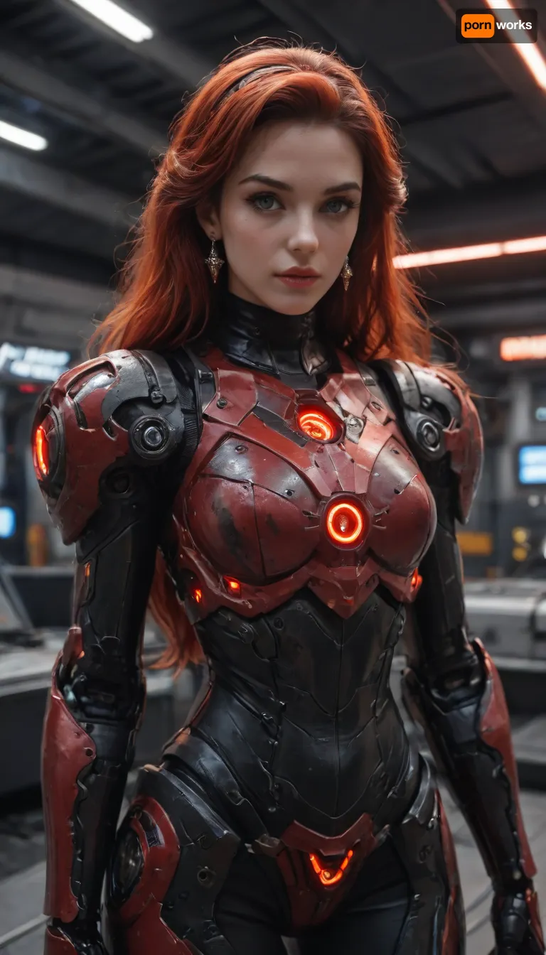 Princess Ariel, (robotic black mech armor:1.5), (red neon glowing armor:1.3), BFG-9000, spaceship interior, <lora:Mecha_Ggorgeous_Armor-000011:1.5>