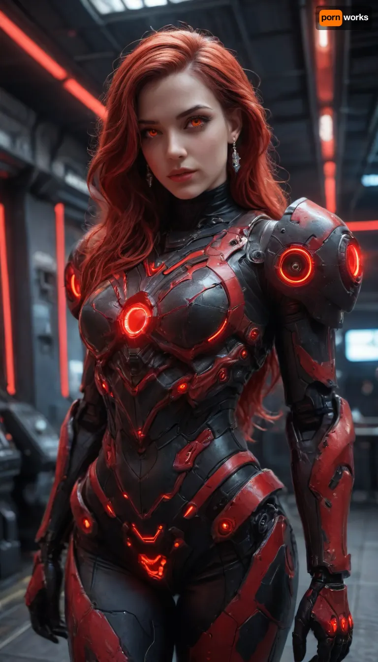 Princess Ariel, (robotic black mech red neon glowing armor:1.9), futuristic plasma-gun, spaceship interior, <lora:Mecha_Ggorgeous_Armor-000011:1.5>