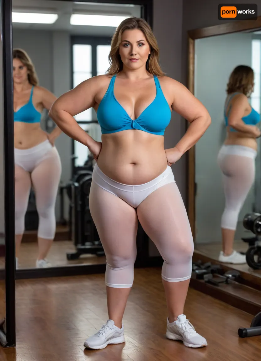 (MILF:1.3), (overweight:1.3), Photorealistic image of a 55-year-old mature woman with a voluptuous, curvy figure ..., (full description of the motif implied), . She is wearing bright white and blue gym pants and a matching crop top. The gym pants are very form-fitting and emphasize her strong thighs, while the crop top highlights her full waist and a supportive inner structure discreetly accentuates her voluptuous cleavage. She stands in an athletic pose and looks at her figure in a three-way mirror. Her expression is lively and confident, her amber eyes radiating self-assurance. Studio lighting, (cameltoe), mons pubis

Translated with DeepL.com, (free version)