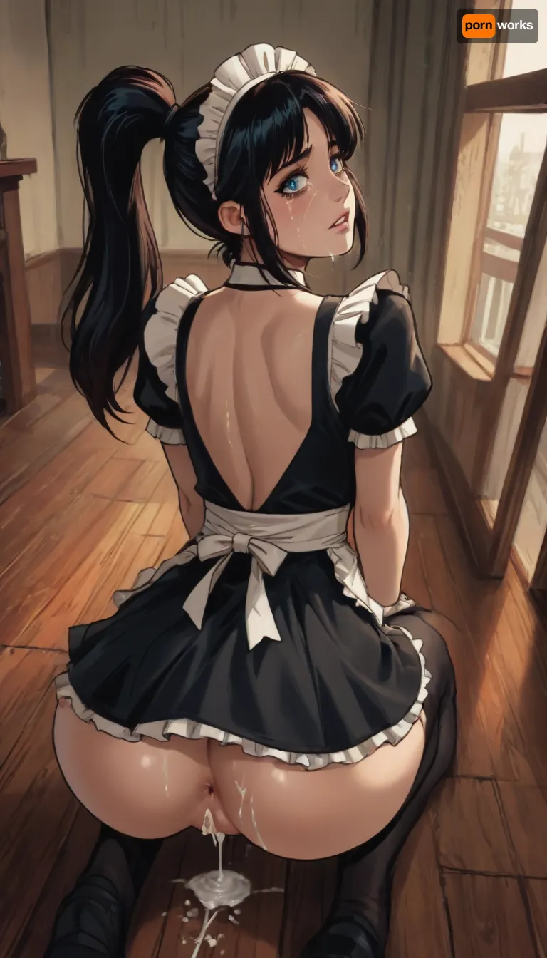 Score_9, score_8_up, score_7_up, reiq meets markgavatino art style, 22 year old, ((woman, kneeling on floor)), black stockings with garters, ((maid uniform)), ((long_straight_black_hair in a high ponytail)), on knees, looking up at you, (((ass, anus, teary eyes))), ((cum on face, cum on breasts)), cute, doodle, ratatatat74, <lora:cutedoodle_XL-000012:.8>, <lora:ratatatat74-000050:.8>, <lora:NEOTOKIOXL_0.2_RC:.8>, <lora:outline_xl_kohaku_delta_spv5x:.8>