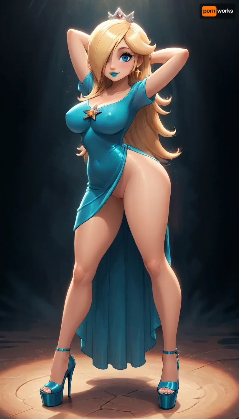 (Jack cayless art style), princess rosalina from super mario, gorgeous, reiq style, milf, black eyeliner, long cyan nails, big hoop earrings, ((big round wide tits, pointed nipple)), massive ass, cyan lipstick, solo, princess rosalina dress, cyan high shiny platform heels, (stands in a dynamic pose with legs apart), shiny sexy legs, smiling, sideways shot, detailed striptease platform heels, front view under the skirt, no panties, hands behind head, (((perfect small details, perfect quality, soft shadows, ultra perfect quality, perfect detailing))), <lora:287175_training_data:1>, <lora:add-detail-xl:2>, <lora:princess_xl_v2:.8>, <lora:DetailedEyes_V3:2>, <lora:Animated_Concept:.9>