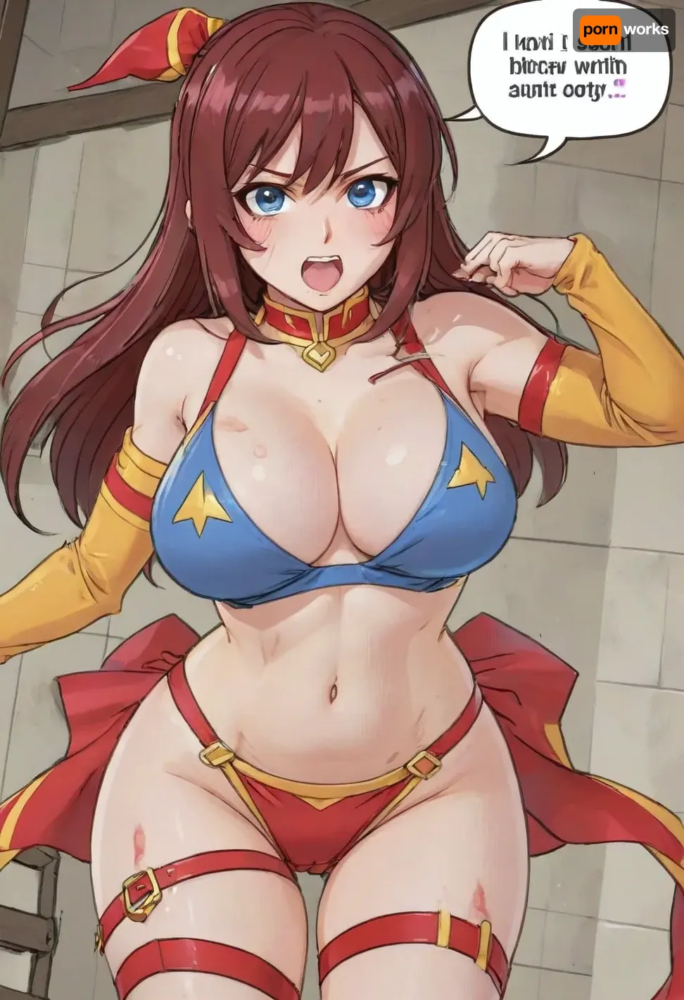 (reiq style), megumin from konosuba, ultra skirt, drooling, tight clothes, clothing fit, blue skirt, hypnotic eyes, standing, sweaty, red garter belt, large voluptuous tits, red thick thighs, oily skin, sweaty on whole body, faceless male, seduced, movement lines, bounce line, dripping saliva, heart love, orgasm, head thrown back big breasts, panties down, bending over, fucked from behind, pegging, cum in vagina, ultra detail, convulsion, high angle, perfect view on boobs, wet clothes, null art, Melkor Mancin artstyle, score_9, score_8_up, score_7_up, <lora:cartoon_stickers_xl_v1:.8>, <lora:ratatatat74-000050:1.3>