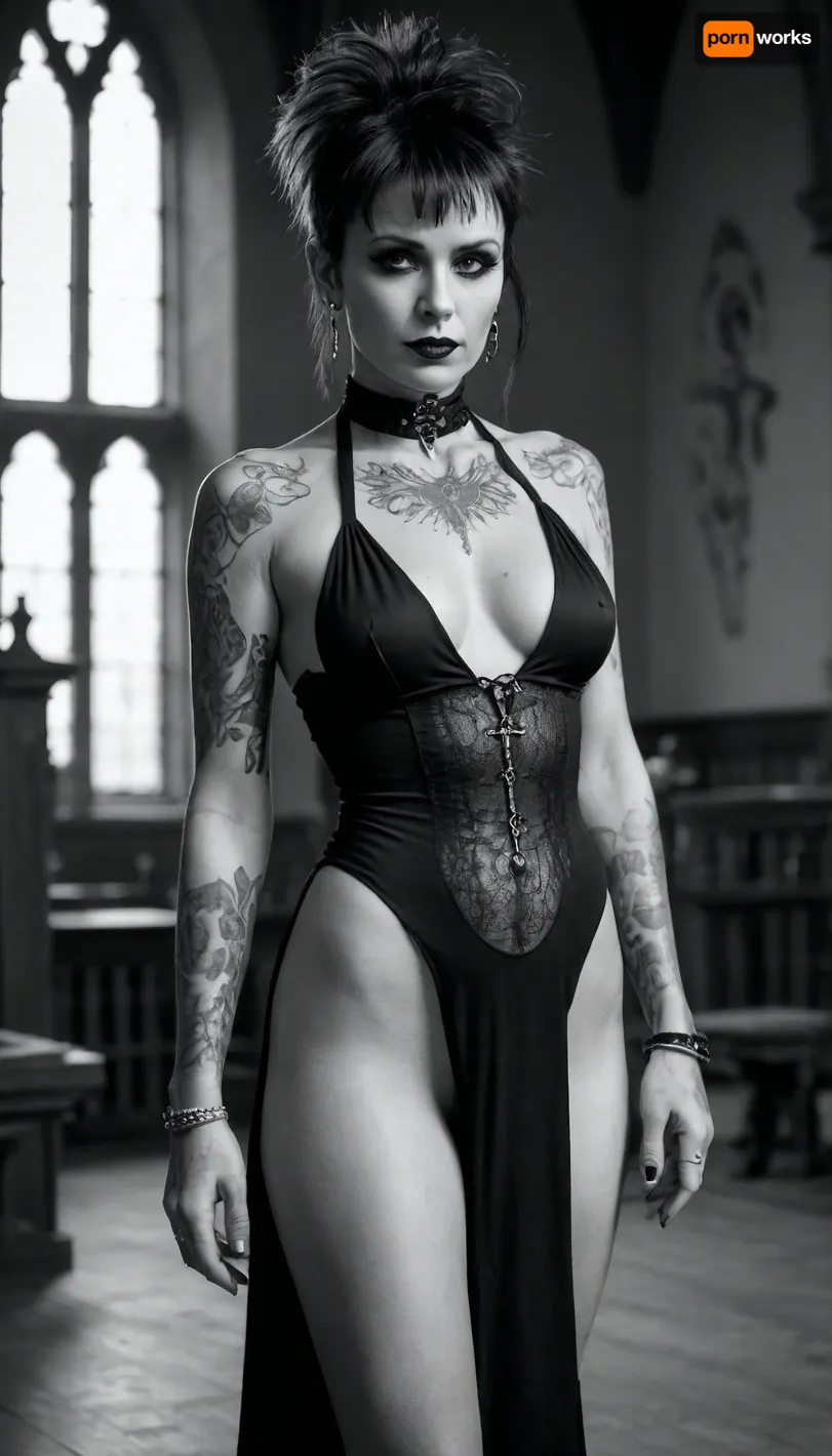 19th century vintage monochrome victorian photography, scratches and unperfections, walk, walking, 70 years old, sensual, inteligent oldschool half clothed heavymetal nun in robe, small tits, seductive big lips, tin punk babe, facing the viewer, skin full of tattoos, punk tattooes, collar bone tattoo, punk mohawk, goth bi bangs, hair with goth bangs, (punk hairstyle), well defined body, busty, pierced nipples, extremely hairy woman, showing armpits, untrimmed very hairy pussy, monochrome in accient gothic chapel, indoor
