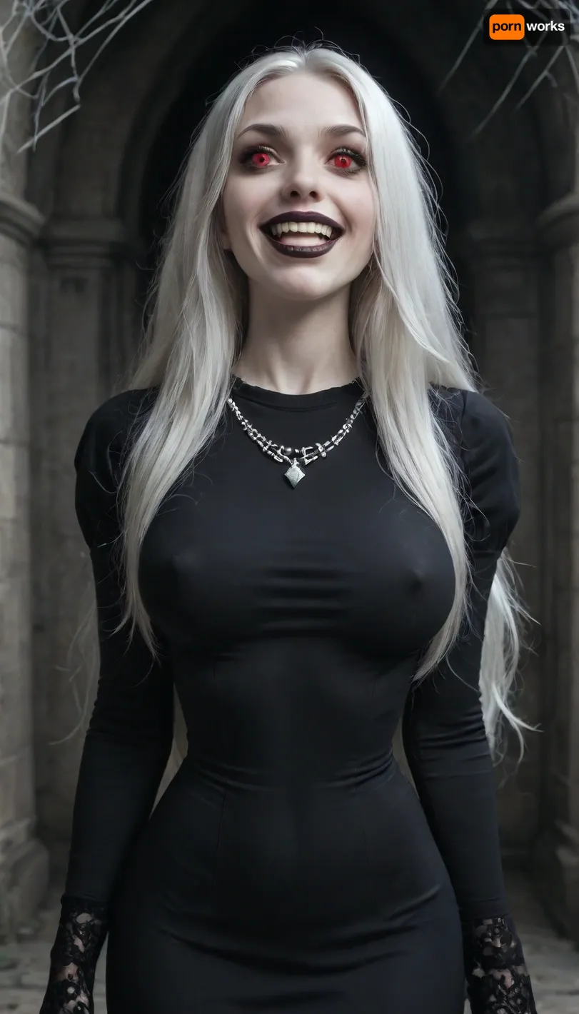 high quality, 25 years old girl, (long hair:2), (white hair:2), (perfect body proportions), (narrow waist), (pale skin, skin whiteness:1.5), (huge breasts:.8), ((bright red eyes), (calm, thoughtful face, creepy smile), (long smile:1), (vampire fangs), (sharp facial features:1.2), (narrow face:1.2), thick lips, black lipstick, (wide jaw), wide cheekbones, (long black lace gloves), (long black dress:1), (tight dress:2), (deep neckline:1), (erect nipples), (diamond necklace that looks like a spider web), (fair skin), (in the dark castle), (dark:1.5))