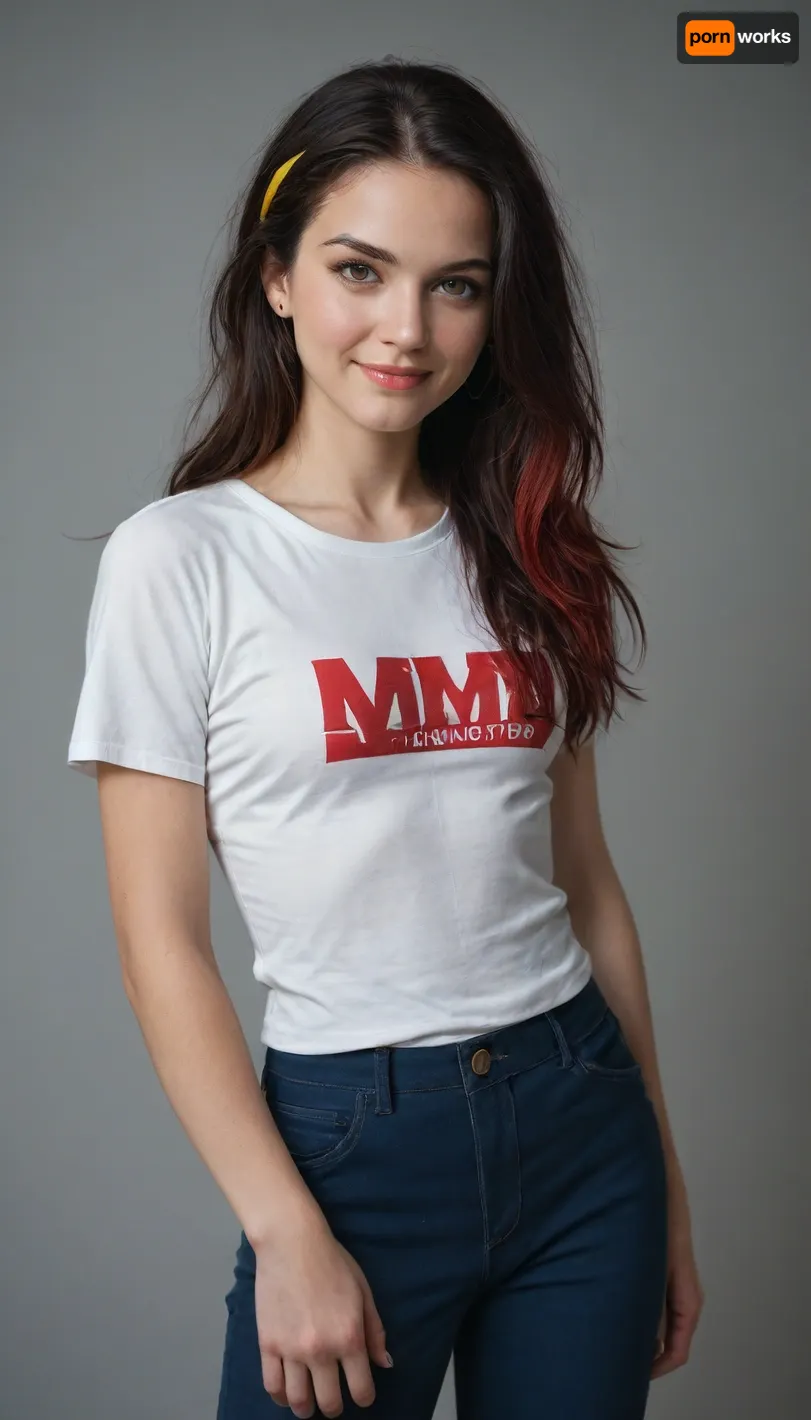 realism, ultra-realism, UHD 8K, extreme realism, maximum detail, (high-detail skin), high quality, flat chest, A thin and tall girl, very long black hair with red streaks and a yellow headband, two-tone hair, red and black, Yellow eyes, Carmine from pokemon, distinct eyelashes, a dark blue three-button jacket, a white T-shirt, long blue trousers, and a white belt, smile