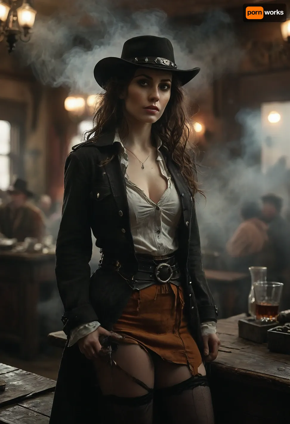 Monochrome, Wild West 1790, portrait of a super sexy athletic and flat-chested gunslinger stands drunk in a saloon, she wears a long brown coat, underneath a white cotton rough men's shirt with buttons, a beige miniskirt, (black fishnet stockings:1.4), cowboy boots, a cartridge belt with a pistol holder around her waist, her dusty black hat is pulled low over her face, perfect face, perfect hands, dangerous aura, leaning tipsy against the polished wooden bar of a smoky frontier saloon, (whiskey glass in one hand:1.3), warm golden lamplight, card tables and piano in the background, cowboys and gamblers glancing her way. Sawdust on the floor, haze of cigar smoke in the air, filled with dust and smoke, emphasizing a cinematic, dystopian cowboy atmosphere, art Style & Technique is a dirty old style, Ultra-realistic digital painting with cinematic depth of field. Highly detailed texturing on leather, skin, and hair, dramatic contrast lighting and warm dusty tones, a sharp foreground focus and a slightly blurred background to create depth, masterpiece, best quality, ultra-detailed, cinematic lighting, wild west, smoking weed, cannabis, Ultra-realistic Western art, highly detailed, cinematic moody lighting, tense but charismatic atmosphere., crowd, of, people, FRESHIDEAS, Real, Photography, 2#, Black, and, white, art, black, shading, charcoal, toned, brutal, dark, b/w, color, scheme, from, below, shoes, delicate, detailed, eyes, <lora:FRESHIDEAS Real Photography 2#:.8>, <lora:crowd_notrigger:.8>, <lora:MJ52:.8>, <lora:Black and white art.V1:1.9>, <lora:underanglexl16:1.9>