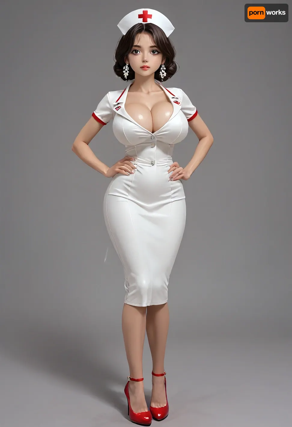Super realistic 8k style, big tits, Allison Scagliotti "Vault 13", gorgeous, nurse, massive breasts, breast expansion, waist, wearing nurse uniform, very tight clothes, juicy lips, busty, oiled up, perfect round large ass, cleavage, massive bulging breasts, big breasts bulging in uniform, strongbana art, lucky star artstyle, cle masahiro art, cayyless art, high heels, hd, full body viev
