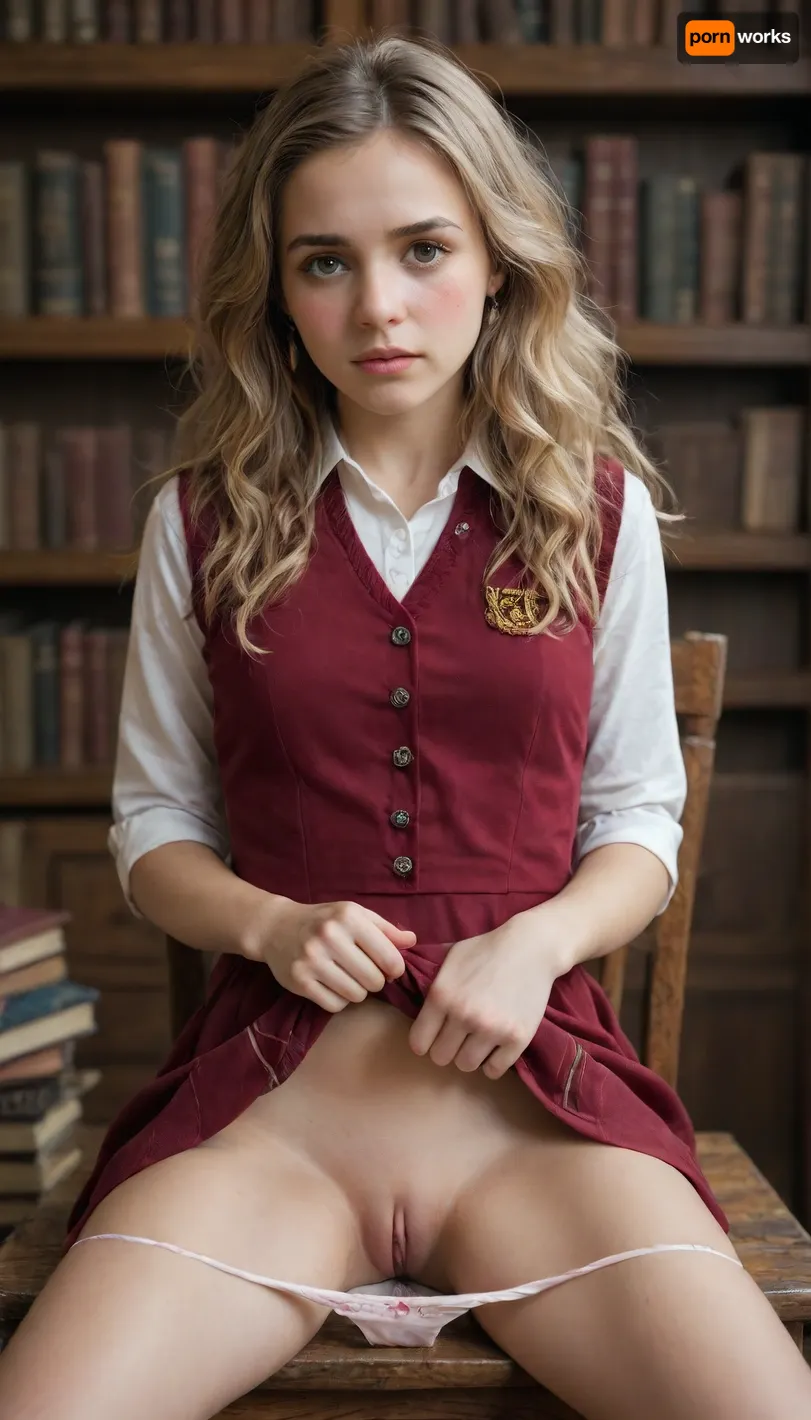 Sexy 25 yearold girl, (young, cute, tiny, pretty, petite), (((large brown eyes))), (((long blonde hair))), futanari Hermione Granger in Hogwarts uniform, she lifts her skirt, her small pussy exposed, sitting in chair, legs open, ((realistic tiny vagina)), ((ejaculating from her tiny pussy)), ((shy, shocked, ashamed, embarrassed), (blushing:1.5)), in medieval library with books stacked on tables, panties down halfway