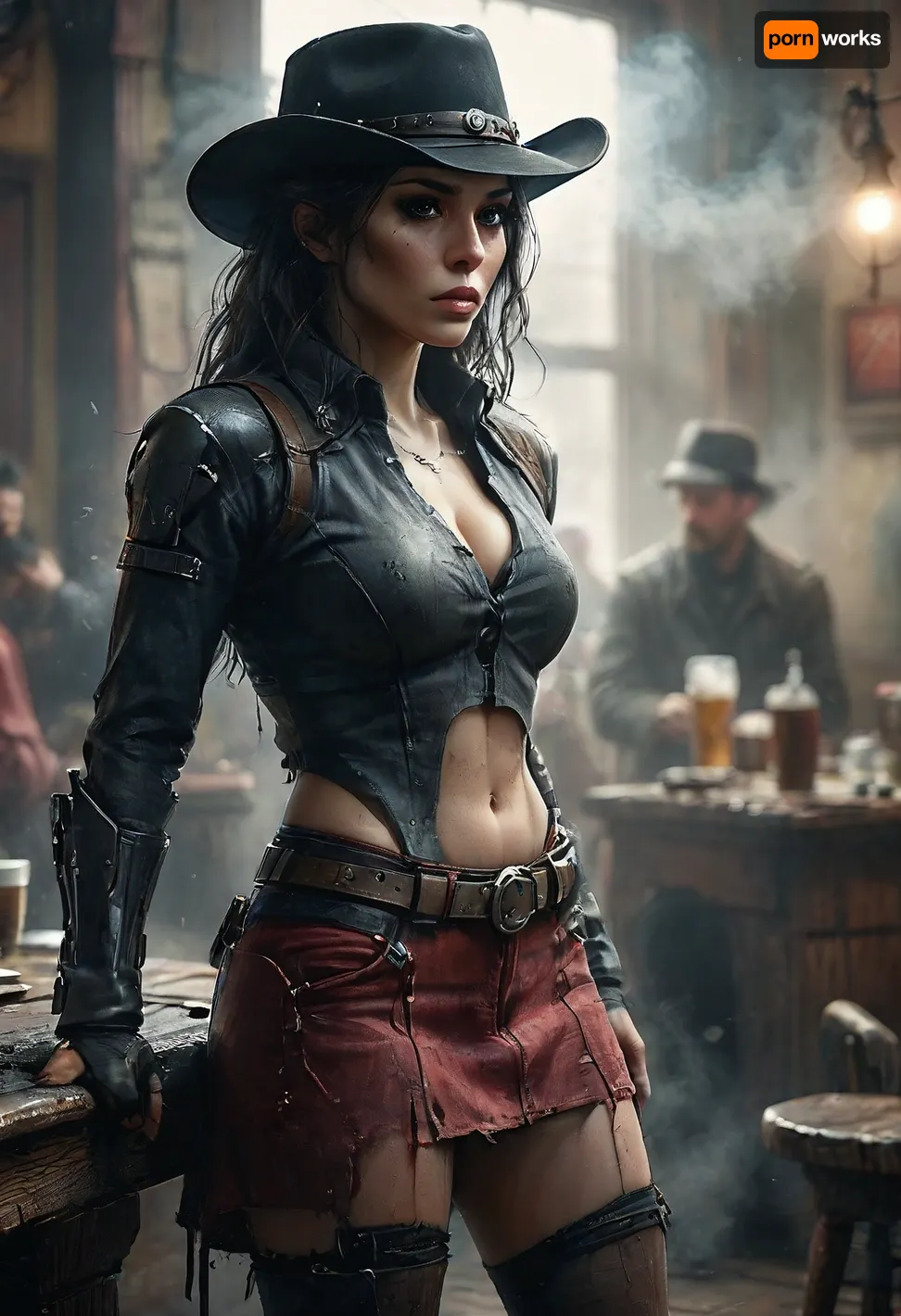 Monochrome, Wild West 1790, backside view of a super sexy athletic and flat-chested gunslinger stands drunk in a saloon, lifts up her dark red miniskirt, she wears, (a long beige dirty used coat:1.3), underneath a white cotton rough men's shirt with buttons, (a dark red miniskirt:1.4), (black fishnet stockings:1.4), cowboy boots, (a cartridge belt with a pistol holder around her waist:1.4), her dusty black hat is pulled low over her face, perfect face, perfect hands, dangerous aura, leaning tipsy against the polished wooden bar of a smoky frontier saloon, (whiskey glass in one hand:1.3), warm golden lamplight, card tables and piano in the background, cowboys and gamblers glancing her way. Sawdust on the floor, haze of cigar smoke in the air, filled with dust and smoke, emphasizing a cinematic, dystopian cowboy atmosphere, art Style & Technique is a dirty old style, Ultra-realistic digital painting with cinematic depth of field. Highly detailed texturing on leather, skin, and hair, dramatic contrast lighting and warm dusty tones, a sharp foreground focus and a slightly blurred background to create depth, masterpiece, best quality, ultra-detailed, cinematic lighting, wild west, smoking weed, cannabis, Ultra-realistic Western art, highly detailed, cinematic moody lighting, tense but charismatic atmosphere., crowd, of, people, FRESHIDEAS, Real, Photography, 2#, Black, and, white, art, black, shading, charcoal, toned, brutal, dark, b/w, color, scheme, mad-2cbrrm, mad-1cbrrm, <lora:FRESHIDEAS Real Photography 2#:.8>, <lora:crowd_notrigger:.8>, <lora:MJ52:.8>, <lora:Black and white art.V1:1.9>, <lora:Neon_Cyberpunk_Cyberarm_SDXL:.8>