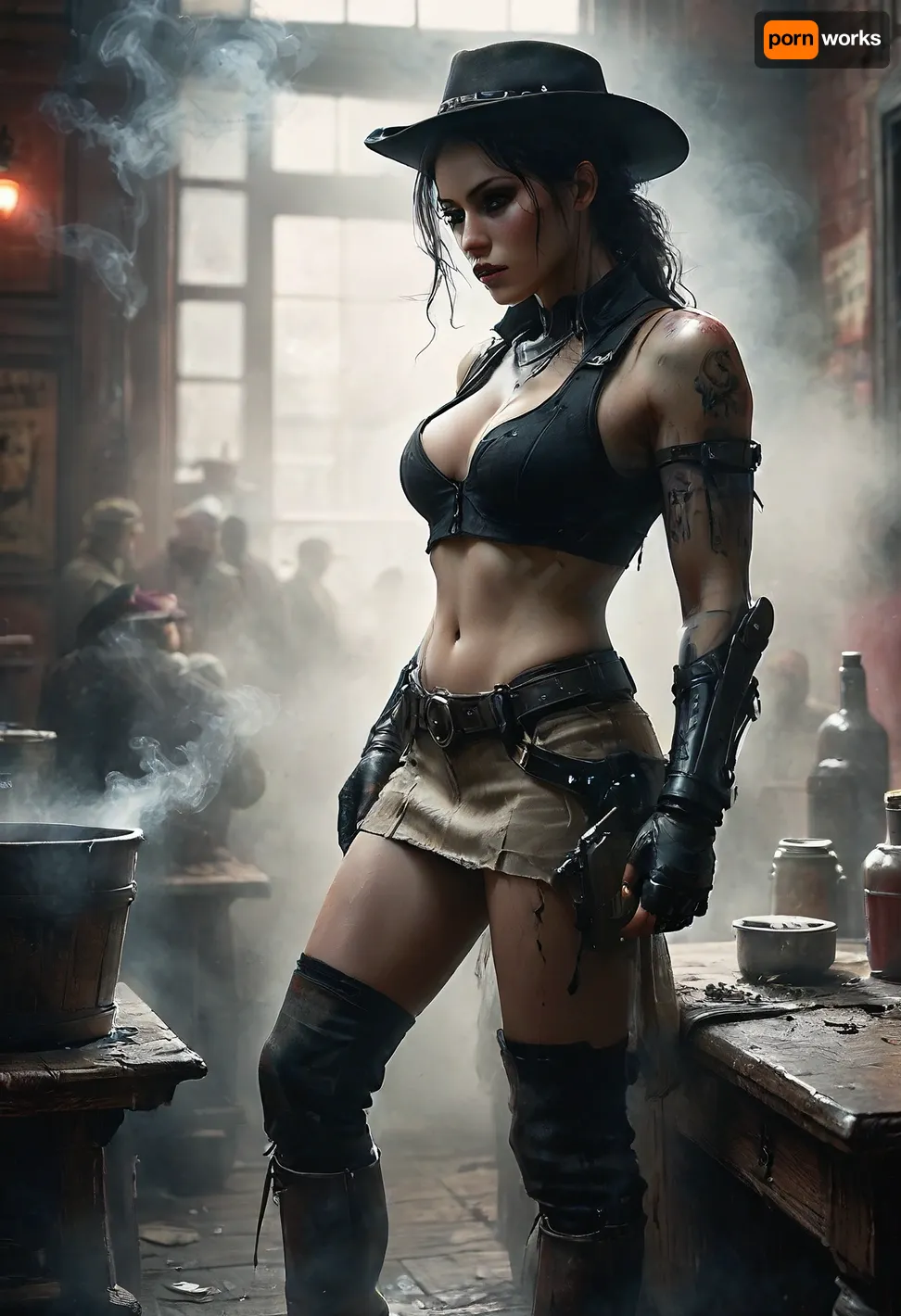 Monochrome, Wild West 1790, backside view of a super sexy athletic and flat-chested gunslinger stands drunk in a saloon, lifts up her dark red miniskirt, she wears, (a long beige dirty used coat:1.3), underneath a white cotton rough men's shirt with buttons, (a dark red miniskirt:1.4), (black fishnet stockings:1.4), cowboy boots, (a cartridge belt with a pistol holder around her waist:1.4), her dusty black hat is pulled low over her face, perfect face, perfect hands, dangerous aura, leaning tipsy against the polished wooden bar of a smoky frontier saloon, (whiskey glass in one hand:1.3), warm golden lamplight, card tables and piano in the background, cowboys and gamblers glancing her way. Sawdust on the floor, haze of cigar smoke in the air, filled with dust and smoke, emphasizing a cinematic, dystopian cowboy atmosphere, art Style & Technique is a dirty old style, Ultra-realistic digital painting with cinematic depth of field. Highly detailed texturing on leather, skin, and hair, dramatic contrast lighting and warm dusty tones, a sharp foreground focus and a slightly blurred background to create depth, masterpiece, best quality, ultra-detailed, cinematic lighting, wild west, smoking weed, cannabis, Ultra-realistic Western art, highly detailed, cinematic moody lighting, tense but charismatic atmosphere., crowd, of, people, FRESHIDEAS, Real, Photography, 2#, Black, and, white, art, black, shading, charcoal, toned, brutal, dark, b/w, color, scheme, mad-2cbrrm, mad-1cbrrm, <lora:FRESHIDEAS Real Photography 2#:.8>, <lora:crowd_notrigger:.8>, <lora:MJ52:.8>, <lora:Black and white art.V1:1.9>, <lora:Neon_Cyberpunk_Cyberarm_SDXL:.4>