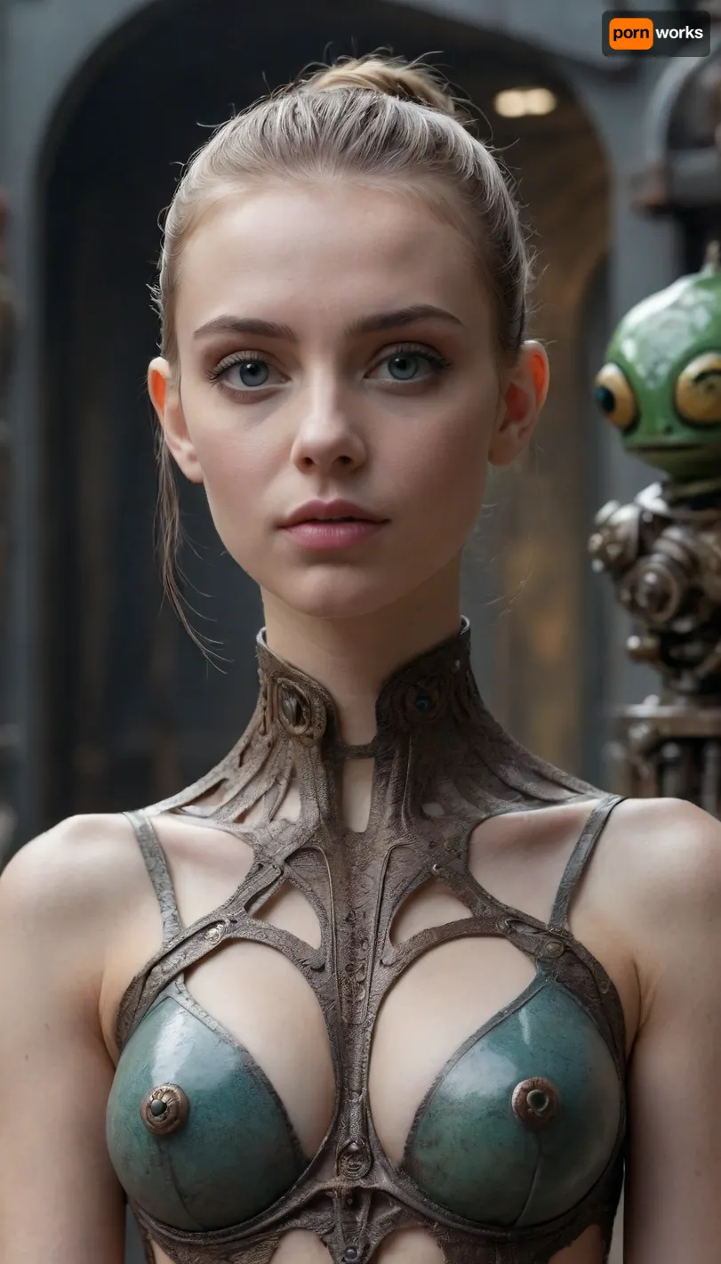 (A full body portrait of a young woman:1.8), with intricate mechanical rust and a stylized, futuristic appearance. She has a shaved head featuring ornate designs and dark, expressive makeup. Sitting on her shoulder is a small, anthropomorphic frog with large eyes, complementing her unique look. The background features a soft-focus, industrial environment, highlighting the character's blend of human and artificial elements. The overall tone is surreal and artistic, merging biology and technology.