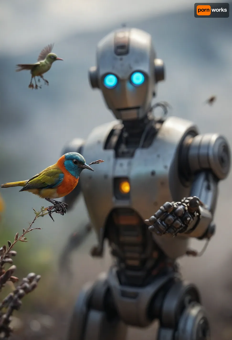 very strong close-up with shallow depth of field of a colorful Bird fed with seeds from outstretched robot hand in foreground, (background filled with a blurred robot face observes the bird on the hand:1.4), cloudy, smoke, atmospheric, clouds, fog, TIE, fighter, <lora:Simon_Stalenhag_LFTL_SDXL:1.7>, <lora:Cloudy_Style:.8>, <lora:TIE fighter:.8>, <lora:[XL]focus:1.5>