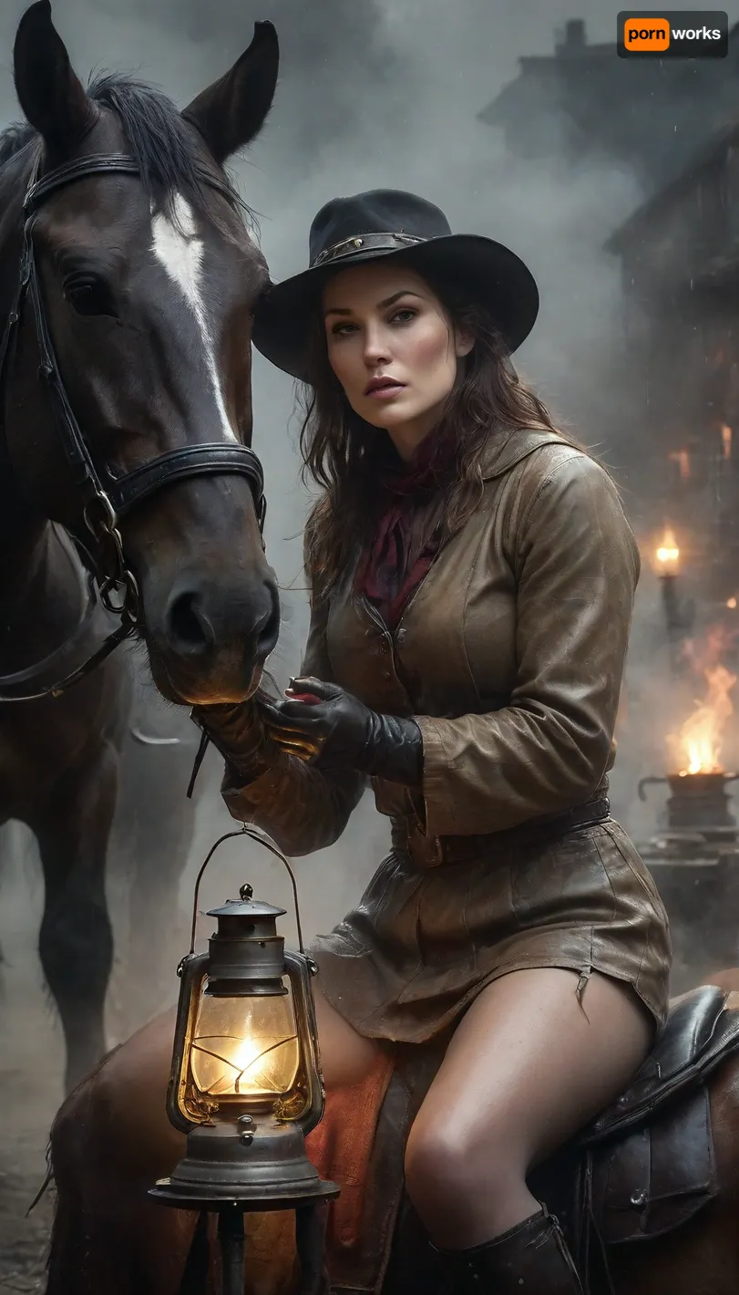 Monochrome, Wild West 1790, view directly from the front of a super sexy athletic and flat-chested gunslinger riding her horse through the Rocky Mountains in a hard rainy night, (sits on horse saddle:1.7), (entire horse in frame:1.9), (oil lamp in one hand:1.4), (warm golden flame from the oil lantern illuminates her face and body:1.5), in rainy darkness, (hard rain:1.3), (soaked wet clothes:1.3), she wears, (a wet long beige dirty used coat:1.3), underneath a wet white cotton rough men's shirt with buttons, (a wet dark red miniskirt:1.4), (black fishnet stockings:1.4), cowboy boots, her very wet black hat is pulled low over her face, perfect face, perfect hands, dangerous aura, leaning forward against the rain and mist, wet perfect horse, breathtaking nature, emphasizing a cinematic, dystopian cowboy atmosphere, art Style & Technique is a dirty old style, Ultra-realistic digital painting with cinematic depth of field. Highly detailed texturing on leather, skin, and hair, dramatic contrast lighting and warm oil lamp light, a sharp foreground focus and a slightly blurred background to create depth, masterpiece, best quality, ultra-detailed, cinematic lighting, wild west, smoking weed, cannabis, Ultra-realistic Western art, highly detailed, cinematic moody lighting, tense but charismatic atmosphere, FRESHIDEAS, Real, Photography, 2#, Black, and, white, art, black, shading, charcoal, toned, brutal, dark, b/w, color, scheme, kisyu, horse, riding, hvrn, heavy, rain, <lora:FRESHIDEAS Real Photography 2#:.8>, <lora:Black and white art.V1:2>, <lora:kisyu_XL_V1.0:1.2>, <lora:607315_training_data:2>, <lora:FLUX mimic - XL - SDXL v4.0:2>