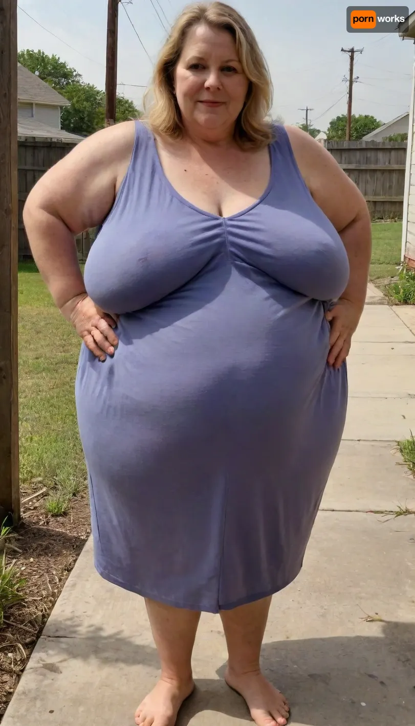 A huge sixty-year-old blonde woman, a huge round belly, heavy sagging massive breasts, round, bulging massive powerful ass, round fat face, thick cheeks, thick lips, triple chin, spacious summer dress emphasizes the figure, barefoot, Rear view, megachubsdxl, morbidly, obese, sagging, breasts, <lora:megachubsdxl_13:.5>, <lora:sagging-000015:.5>