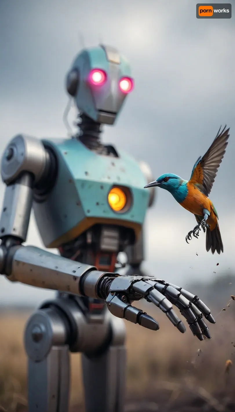 very strong close-up with shallow depth of field of a colorful Bird fed with seeds from outstretched robot hand in foreground, (background filled with a blurred robot face observes the bird on the hand:1.4), cloudy, smoke, atmospheric, clouds, fog, TIE, fighter, <lora:Simon_Stalenhag_LFTL_SDXL:1.7>, <lora:Cloudy_Style:.8>, <lora:TIE fighter:.8>, <lora:[XL]focus:.8>
