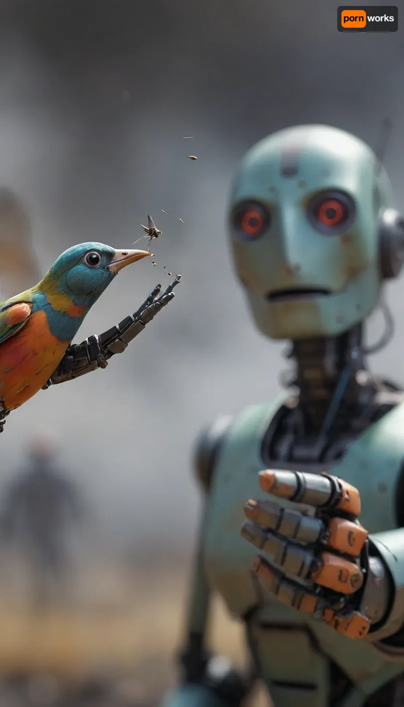 very strong close-up with shallow depth of field of a colorful Bird fed with seeds from outstretched robot hand in foreground, (background filled with a blurred robot face observes the bird on the hand:1.4), cloudy, smoke, atmospheric, clouds, fog, TIE, fighter, <lora:Simon_Stalenhag_LFTL_SDXL:1.7>, <lora:Cloudy_Style:.8>, <lora:TIE fighter:.8>, <lora:[XL]focus:.8>