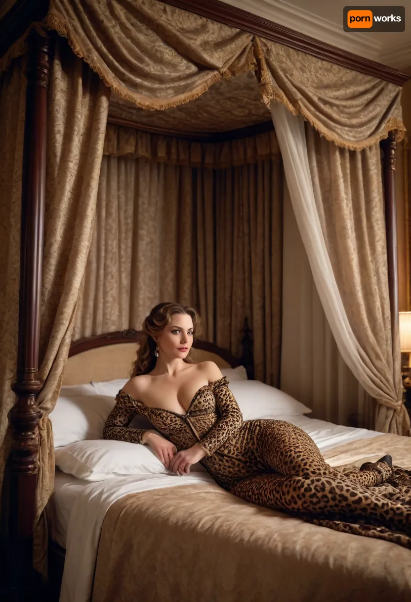 Victorian era, aristocratic bedroom, aristocrats canopy bed with curtains, night time, lavish bedroom, extravagant bedroom, (mature bimbo noblewoman), leopard print leotard, busty, woman laying on side on bed