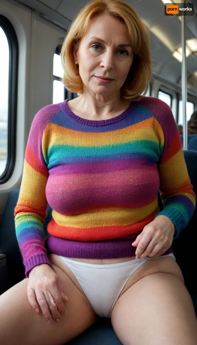 Ermakova Zinaida, 62-year-old woman, sweater, sitting on a train, in white cotton underpants, among many people, passers-by, legs spread apart, Multicolored, all the colors of the rainbow, <lora:sagging-000015:1.6>