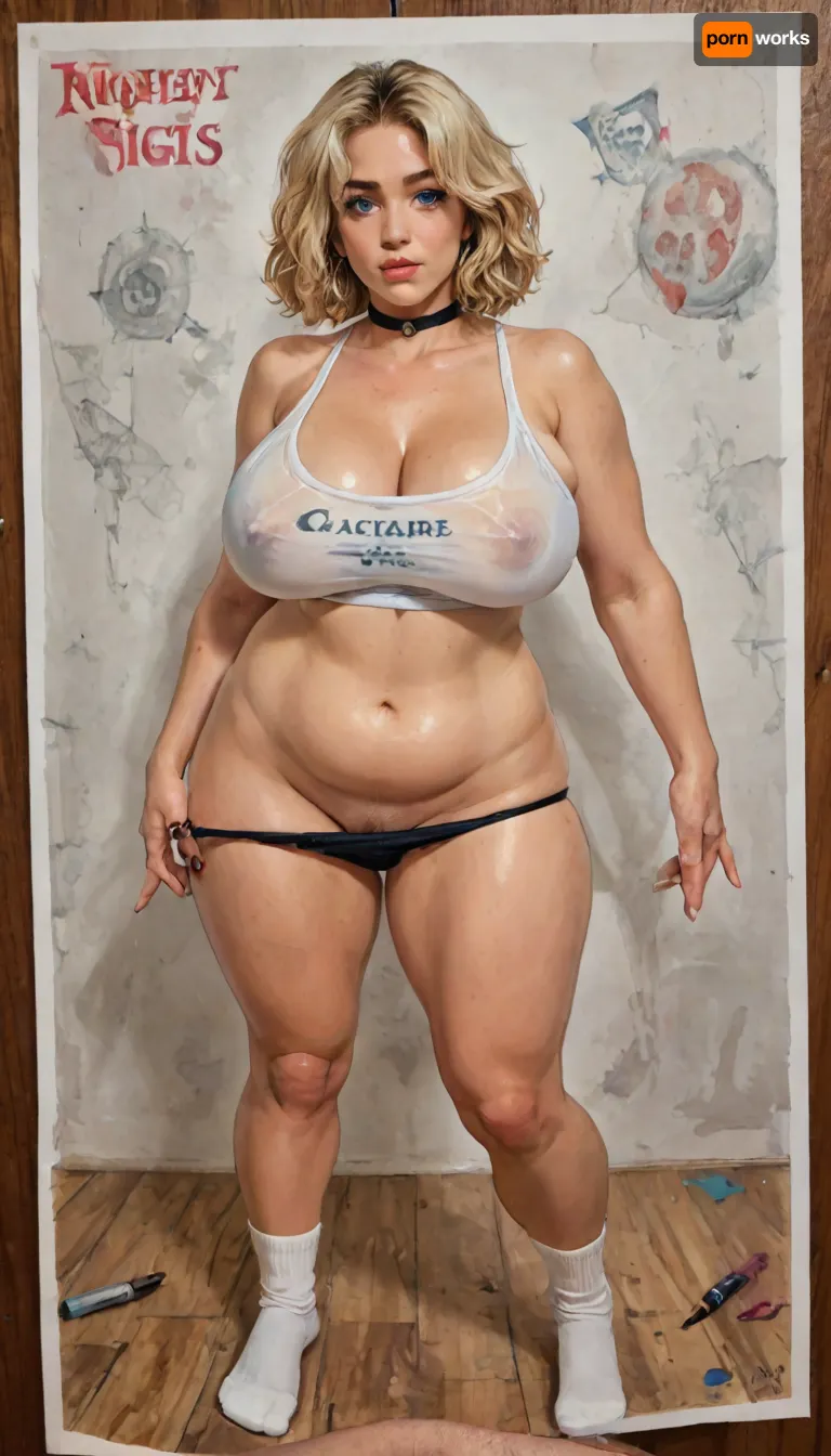 Reiq art style.
masterpiece, high quality, intristic, detailed, 26 years old chubby woman, full body, blonde hair, short straight hair, care haircut, bangs, choker, melancholic, big blue eyes, thick brows, blush, big chest, huge breasts, standing, spread legs, black panties, panty pull, feet, BBW, tall, pussy, white kneesocks, nsfw, white crop top, defined abs, BREAK traditional media, watercolor, (medium), paper, painting, Charcoal, drawing, colored, crayons, black, pencil, and, white, graphite, <lora:panty_pull:1>, <lora:DonaughtX2Lora-000105:.8>, <lora:LCMTurboMix_Euler_A_fix:.8>, <lora:Black_pencil_drawing-000001:1.3>