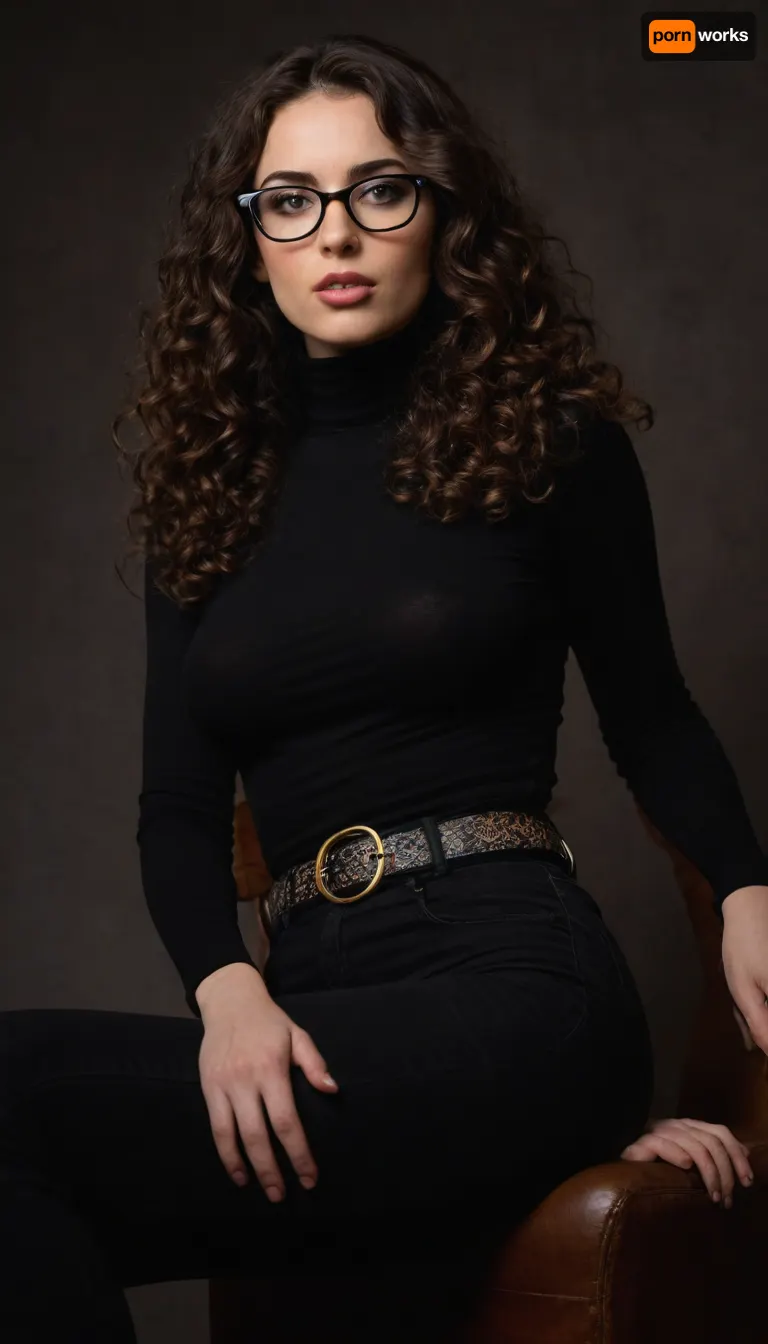 hot brunette, (dark long curly hair), black tight jeans, belt, tight dark turtleneck, glasses, sitting facing viewer, legs crossed, extreme narrow waist, ((extreme big butt)), big tits
