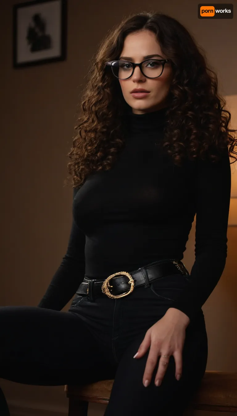 hot brunette, (dark long curly hair), black tight jeans, belt, tight dark turtleneck, glasses, sitting facing viewer, legs crossed, extreme narrow waist, ((extreme big butt)), big tits