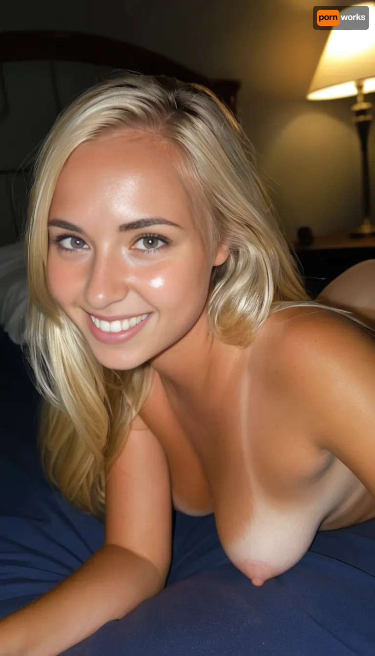 Sincere photo, playful 21-year-old student girlfriend, small perky tits, athletic body, long blonde hair, she lies next to you in bed, dark bedroom, cute smile, absolute realism, poor lighting, nighttime, dark, night, realistic detailed skin texture, focus on realistic face, stunning eyes, tanned skin