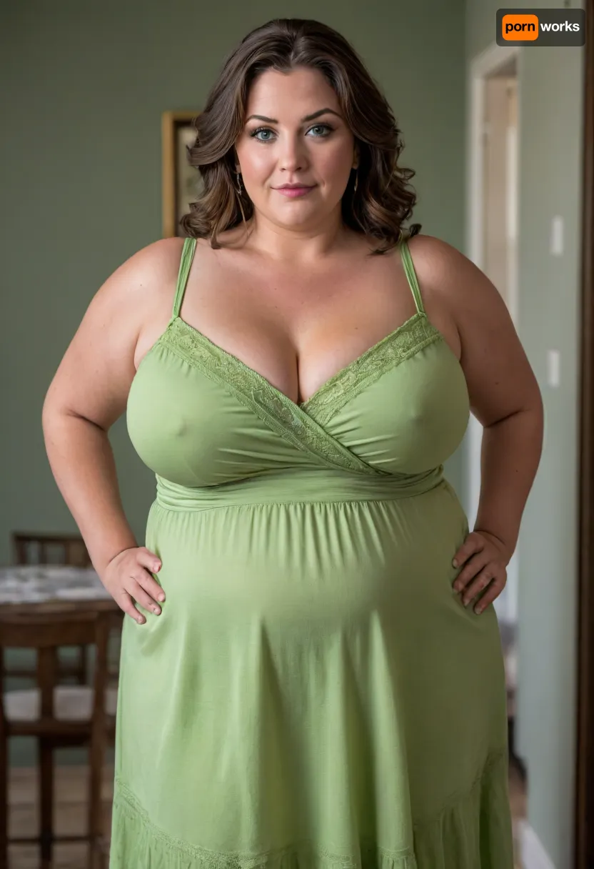 PHOTOREALISTIC, highly detailed full body view portrait of Lubica Stepaunt, wearing a spaghetti strap sundress with plunging neckline, obese, (ssbbw:1.5), a 58-year-old mature woman with an exotic Eastern European and Mediterranean appearance with tan olive skin tone. Natural and not wearing any makeup. Her natural Mediterranean complexion is smooth and radiant, with features of a mature milf. Her, (captivating glowing mix of green and amber eyes:1.3), are expressive and captivating, framed by subtle lines, wrinkles, at the corners. Her full, naturally colored lips are open in a sexy, lustful smile. Her warm, natural complexion shows age-appropriate wrinkles and skin imperfections. Her brown hair, with natural streaks of gray and hints of silver at the temples, is styled in soft waves with fringe bangs. Her skin displays stretch marks, adding to her realistic mature beauty. Her posture is confident and relaxed, exuding inherent sensuality. The image should capture rich detail, emotional intimacy, and visual realism, showcasing her mature beauty and seductive body language., ((high quality, 4k, realistic, high detailed, insanely detailed, real, best quality, ultra-detailed, fine detail, professional photography, taken with Canon EOS 5D Mark IV DSLR, aperture f/8, shutter speed 1/250 sec, ISO 100, highres, 8k wallpaper, cinematic lighting, masterpiece, heavily upvoted)), ((masterpiece)), high detail, complex details, OverallDetail, perfect lighting, professional realistic photo