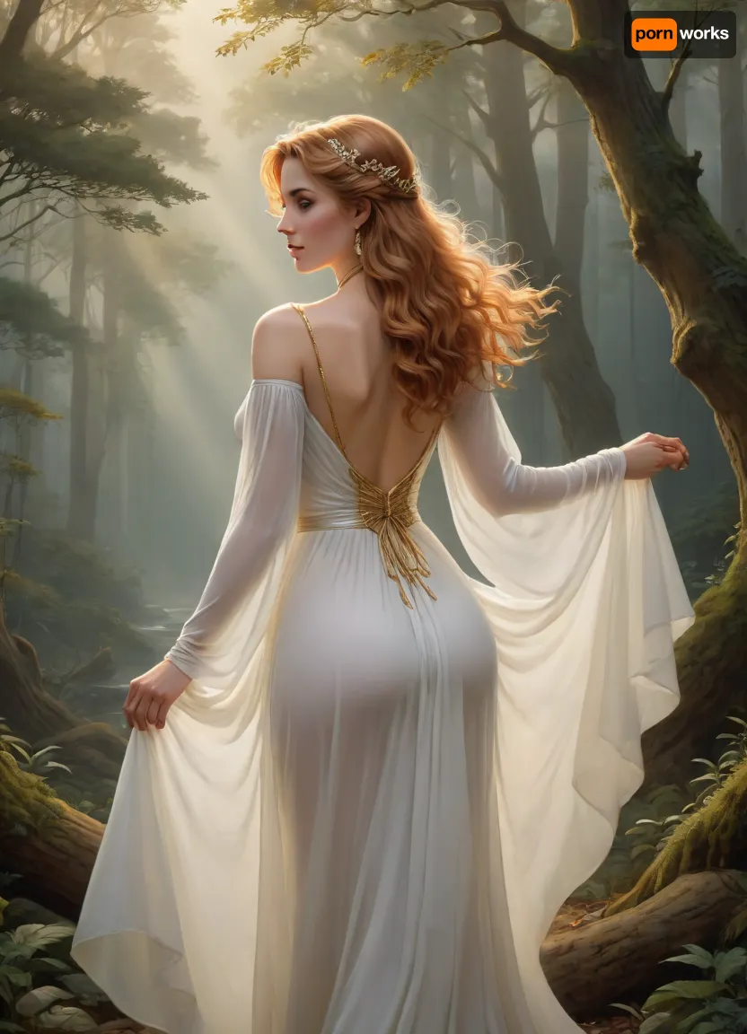 back view, cartoon of an Unforgettable, award-winning illustration, captivating portait, exquisite features, radiantly elfish skin, silky flowing hair falling down her shoulders, transparent white tunic with large skirt, cleavage, big breasts, delicate fair fingers, golden necklace adorned around her slender neck. Behind her a mystical forest. Soft morning mist carries whispers of ancient tales waiting to by, Michael Parkes &amp, Peter Elson, <lora:Cartoon_SDXL_V2-fixed:.5>