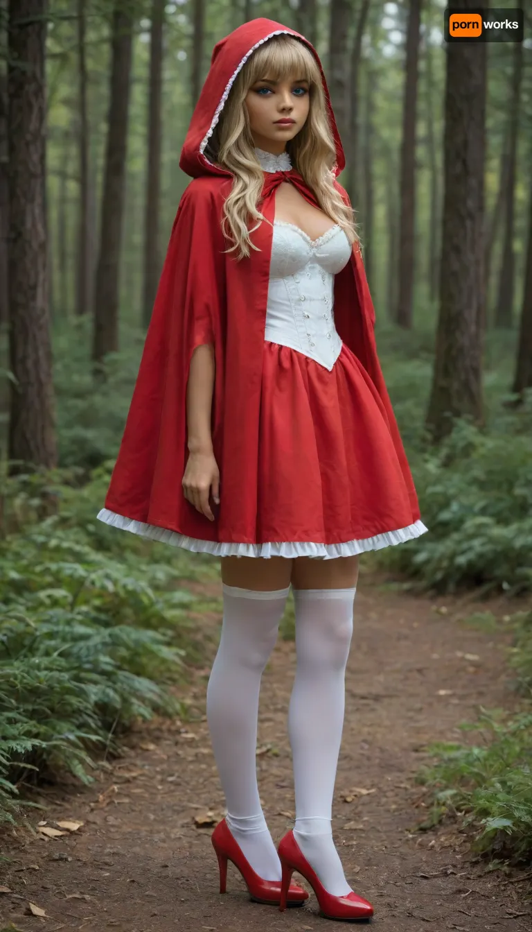 3/4 view, (young pretty petite athletic woman:1.6), (blonde with bangs:1.6), (eye shadow:1.6), (olive skin:1.6), ((blue eyes)), tight big breasts, Submissive, Nymphomaniac, ((flirtatious expression)), (posing like a model), ((Red hooded cloak)), ((red short victorian dress)), ((white stocking with red heels)), ((Forest))