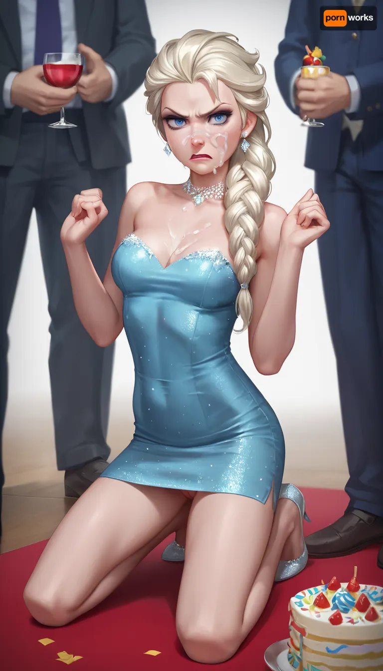 Elsa, angry, cum on face, Surrender by man, pantyshot, no panties, pussy, kneeling, 1girl, solo, tight mini dress, annoyed, full body, party