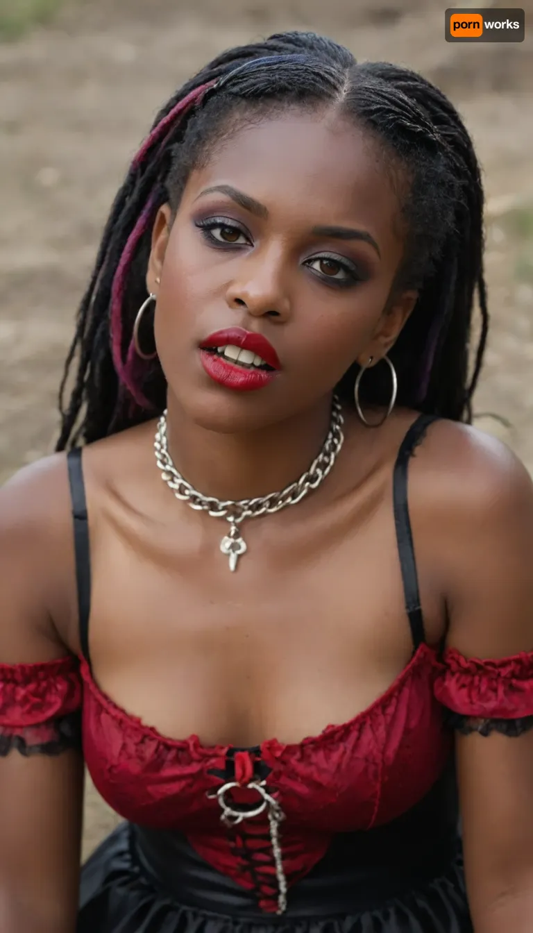 (((two 18 year old African American vampire girls))), full body pictures, black skin, neck bitting, midevil, glowing red eyes, black eyeshadow, sad face, closed mouth, one with black hair with rainbow hair, ponytails, red lipstick, blood dripping out of the corners of the mouth, vampire, vampire teeth, in a dark graveyard, bound in chains, nipple rings, earrings, collar, perfect tiny breasts, bellissima, <lora:LesFemmesXL_v1.0:.8>, lofwes, front, view, half-front, side, lying, on, elbows, <lora:LyingOnFrontWithElbowSupport.1.0:.8>, H0t, G0th1c, 1girl, ebony, lipstick, female, piercing, dress, outdoors, <lora:Hot_Gothic:.8>