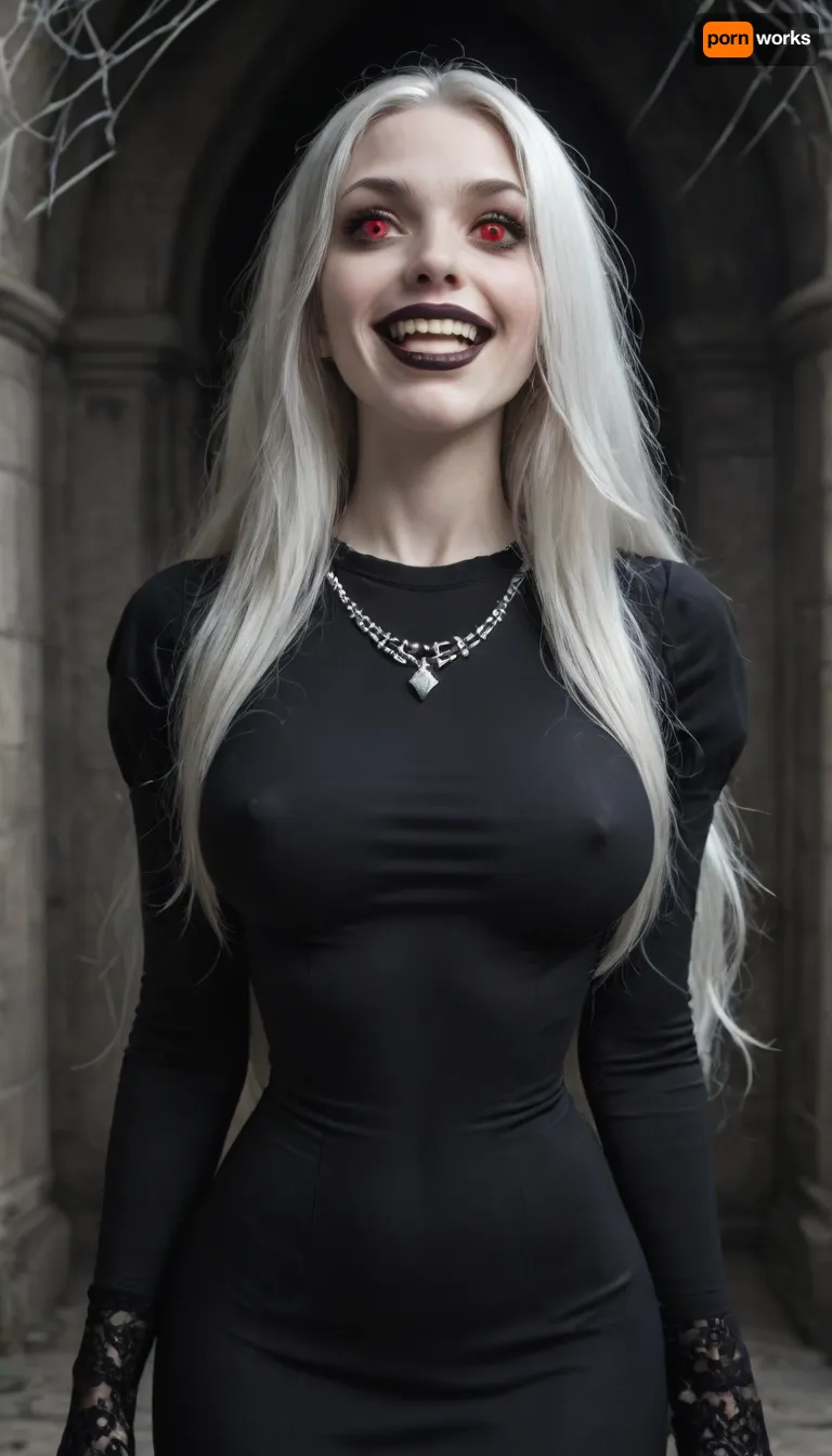 high quality, 25 years old girl, (long hair:2), (white hair:2), (perfect body proportions), (narrow waist), (pale skin, skin whiteness:1.5), (huge breasts:.8), ((bright red eyes), (calm, thoughtful face, creepy smile), (long smile:1), (vampire fangs), (sharp facial features:1.2), (narrow face:1.2), thick lips, black lipstick, (wide jaw), wide cheekbones, (long black lace gloves), (long black dress:1), (tight dress:2), (deep neckline:1), (erect nipples), (diamond necklace that looks like a spider web), (fair skin), (in the dark castle), (dark:1.5))