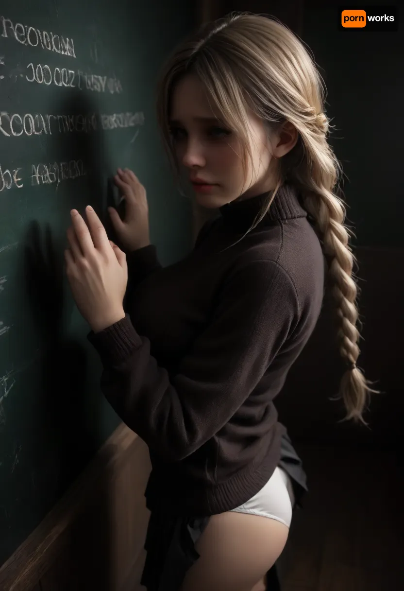 Classroom, ((18 year old student standing against the chalkboard:1.3)), ((her hands up against the chalkboard:1.5)), perfect face, insanely beautiful, young russian instagram model, ((crying alot)), ((tears rolling down cheeks)), ((looking very sad)), ((looking innocent, looking natural:1.3)), long braided blonde hair, tanned skin, skinny, tiny ass, ((massive firm breasts)), (school uniform), (tight sweater), (pleated miniskirt), (white panties underneath miniskirt), knee-high socks, ((getting roughly fucked from behind by old ugly fat teacher:1.7)), ((waist shot of man and woman)), ((side view from above:1.7)), large, breasts, big, boobs, huge, tits, <lora:bombshell_v2:.8>, bmbplora, <lora:bimboxl_02:.8>, <lora:dark:.8>
