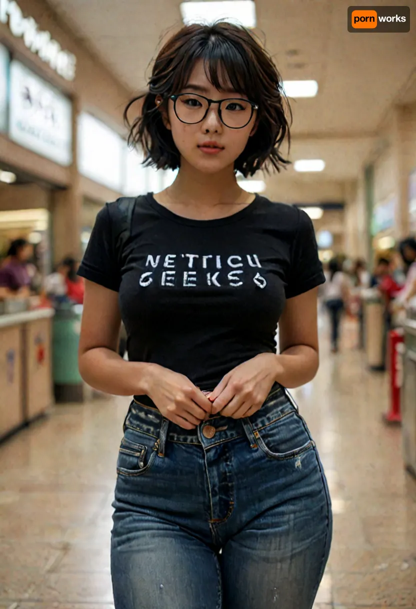 Photorealistic. Detailed. Cute busty Korean geek in a snug t-shirt and low-rise jeans at a Seoul mall, view from waist up, large breasts, messy black hair with bangs and neon blue highlights, heavy horn-rimmed glasses, black t-shirt with Korean characters, pale skin, shy smile, awkward pixie-ish face, 20 years old, mall background, Soft Lighting, Natural Skin Texture, Rule of Thirds Composition, Shallow Focus, but, braless, Wearing, clothes, that, make, sense, with, Braless>, <lora:add-detail-xl:2>, <lora:BUT_SDXL_SHS:.3>, <lora:bralessSDXL_v1_00022:.6>, <lora:style_lora_realis:2>