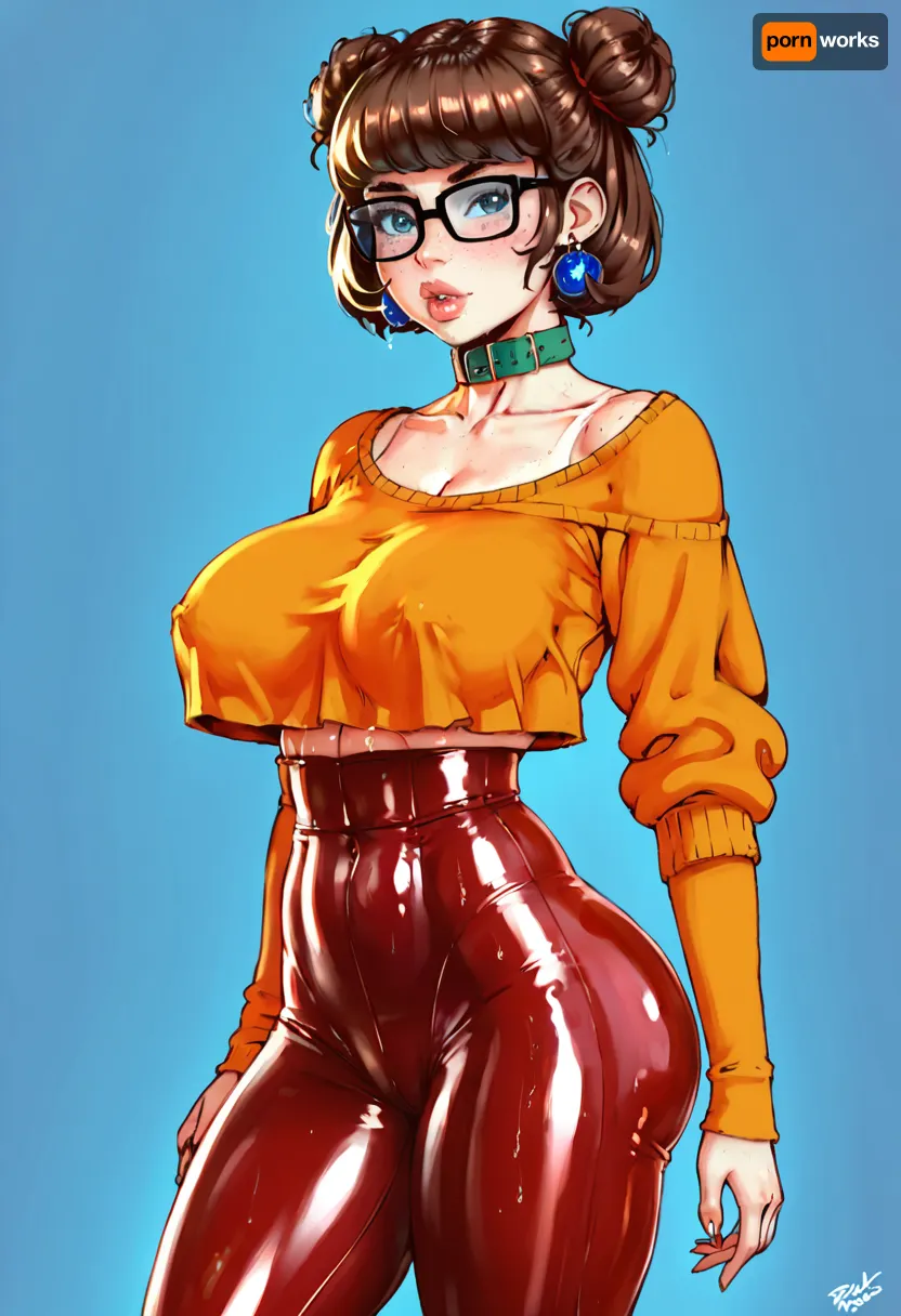 Super realistic 8k style, score_9, score_8_up, score_7_up, FILM PHOTOGRAPHY STYLE, velma dinkley from scooby doo, brunette, two buns hairstyle, slut, extremely pretty face, oiled skin, tanned, huge natural saggy tits, solid color background, huge natural tits, big boobs, fit, super waist, waist, fit thighs, medium tight ass, medium round ass, collar, womens off shoulder graphic tee stretched crop top, pouting big lips, looking at viewer, horny, long legs, hdr, ultra detailed face, clothe on, teasing viewer, sexy poses, <lora:detailed_notrigger:2>, <lora:add-detail-xl:.8>, <lora:LCMTurboMix_Euler_A_fix:.8>, <lora:677862_training_data:.8>