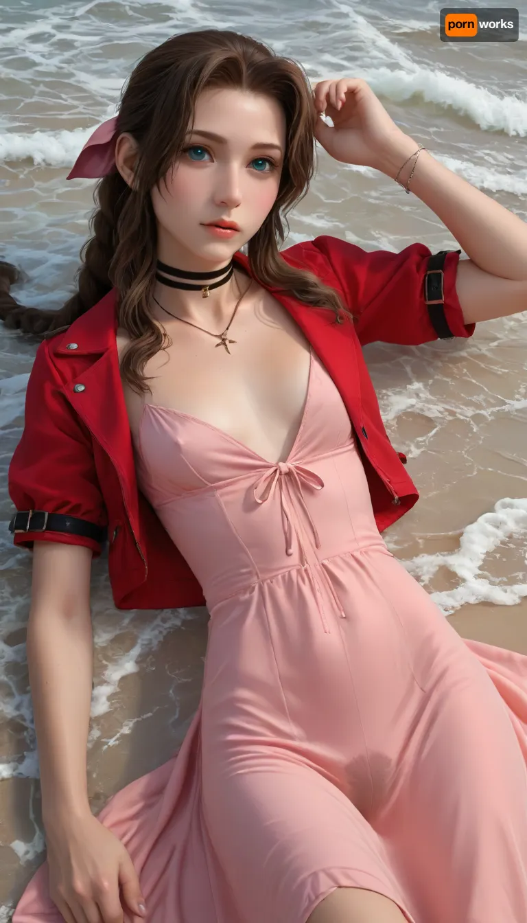 (Masterpice), (HD4K visual), (detailed background), 4K ultra-detailed image, HDR, enhancement, professional photography, precise anatomy, (perfect symmetry, 5 fingers per hand), realistic textures, maximum resolution, sharp focus, NSFW, picture, Aerith Gainsborough from Final Fantasy VII wearing a, ((long pink dress)), athletic body, black and a short red jacket, hairy pussy, small breasts, perky pointed nipples, wet clothes, laying down, washed up on shore, wide shot, on a beach, waves in backgrownd, sunny, day time, sun beaming down, incase, style, ratatatat74, defaerith, braided, ponytail, hair, bow, pink, choker, necklace, cropped, jacket, red, short, sleeves, dress, long, altaerith, very, ribbons, drill, star, ballgown, bare, shoulders, strapless, plunging, neckline, <lora:287175_training_data:1.4>, <lora:ratatatat74-000050:1.4>, <lora:aerith-xl-nvwls-v1:1>, <lora:add-detail-xl:2>