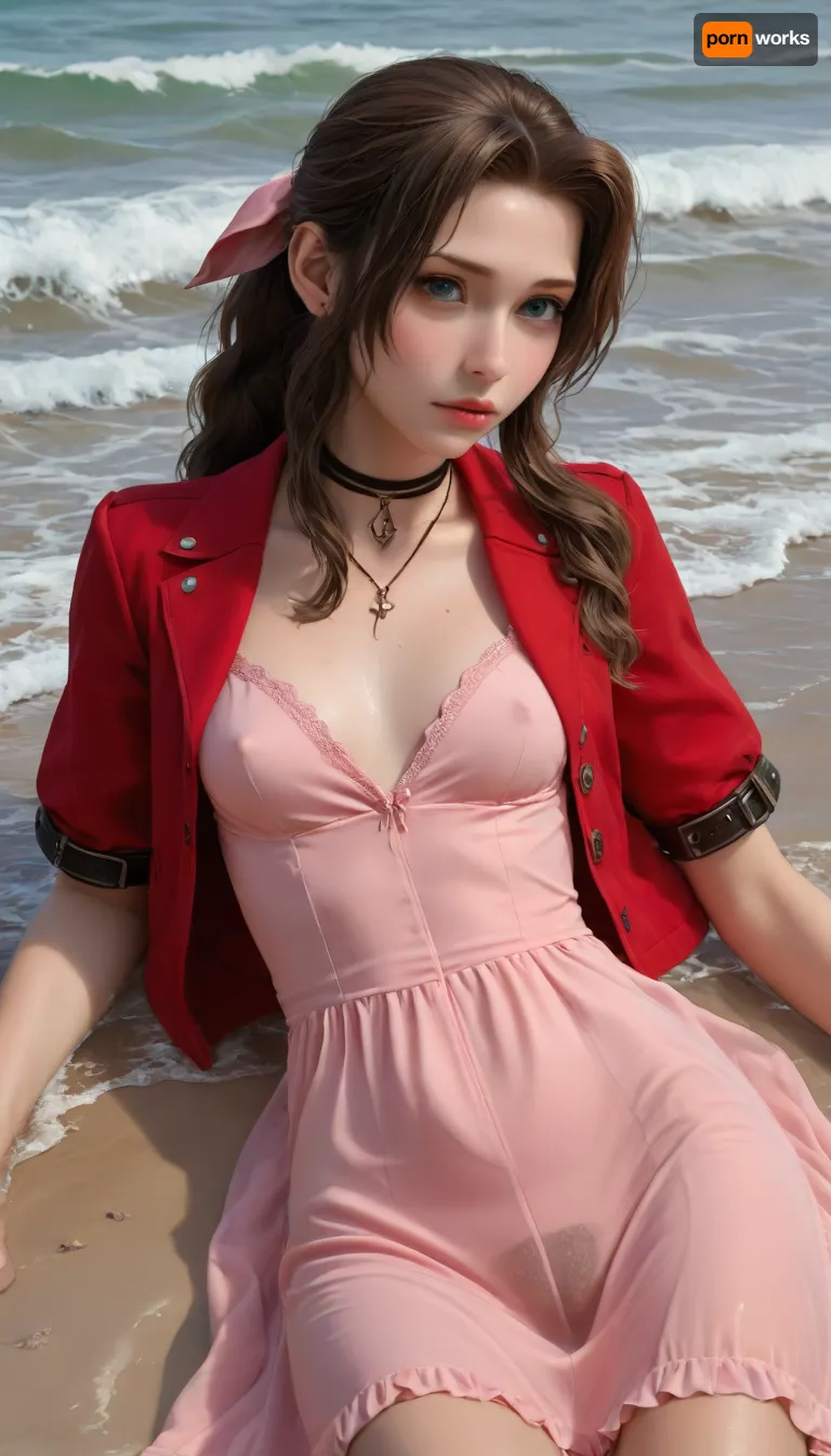 (Masterpice), (HD4K visual), (detailed background), 4K ultra-detailed image, HDR, enhancement, professional photography, precise anatomy, (perfect symmetry, 5 fingers per hand), realistic textures, maximum resolution, sharp focus, NSFW, picture, Aerith Gainsborough from Final Fantasy VII wearing a, ((long pink dress)), exhausted expression, athletic body, black and a short red jacket, hairy pussy, small breasts, perky pointed nipples, wet clothes, laying down, washed up on shore, wide shot, on a beach, waves in backgrownd, sunny, day time, sun beaming down, incase, style, ratatatat74, defaerith, braided, ponytail, hair, bow, pink, choker, necklace, cropped, jacket, red, short, sleeves, dress, long, altaerith, very, ribbons, drill, star, ballgown, bare, shoulders, strapless, plunging, neckline, <lora:287175_training_data:1.4>, <lora:ratatatat74-000050:1.4>, <lora:aerith-xl-nvwls-v1:1>, <lora:add-detail-xl:2>
