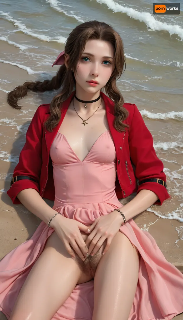 (Masterpice), (HD4K visual), (detailed background), 4K ultra-detailed image, HDR, enhancement, professional photography, precise anatomy, (perfect symmetry, 5 fingers per hand), realistic textures, maximum resolution, sharp focus, NSFW, picture, Aerith Gainsborough from Final Fantasy VII wearing a, ((long pink dress)), exhausted expression, athletic body, black and a short red jacket, hairy pussy, small breasts, perky pointed nipples, wet clothes, laying down, legs spread, washed up on shore, wide shot, on a beach, waves in backgrownd, sunny, day time, sun beaming down, incase, style, ratatatat74, defaerith, braided, ponytail, hair, bow, pink, choker, necklace, cropped, jacket, red, short, sleeves, dress, long, altaerith, very, ribbons, drill, star, ballgown, bare, shoulders, strapless, plunging, neckline, <lora:287175_training_data:1.4>, <lora:ratatatat74-000050:1.4>, <lora:aerith-xl-nvwls-v1:1>, <lora:add-detail-xl:2>