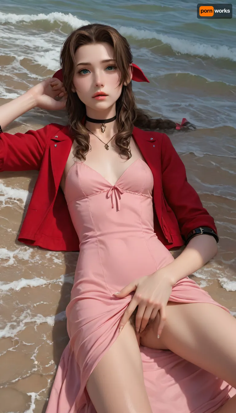 (Masterpice), (HD4K visual), (detailed background), 4K ultra-detailed image, HDR, enhancement, professional photography, precise anatomy, (perfect symmetry, 5 fingers per hand), realistic textures, maximum resolution, sharp focus, NSFW, picture, Aerith Gainsborough from Final Fantasy VII wearing a, ((long pink dress)), exhausted expression, athletic body, black and a short red jacket, hairy pussy, small breasts, perky pointed nipples, wet clothes, laying down, legs spread, fingering herself, washed up on shore, wide shot, on a beach, waves in backgrownd, sunny, day time, sun beaming down, incase, style, ratatatat74, defaerith, braided, ponytail, hair, bow, pink, choker, necklace, cropped, jacket, red, short, sleeves, dress, long, altaerith, very, ribbons, drill, star, ballgown, bare, shoulders, strapless, plunging, neckline, <lora:287175_training_data:1.4>, <lora:ratatatat74-000050:1.4>, <lora:aerith-xl-nvwls-v1:1.4>, <lora:add-detail-xl:2>