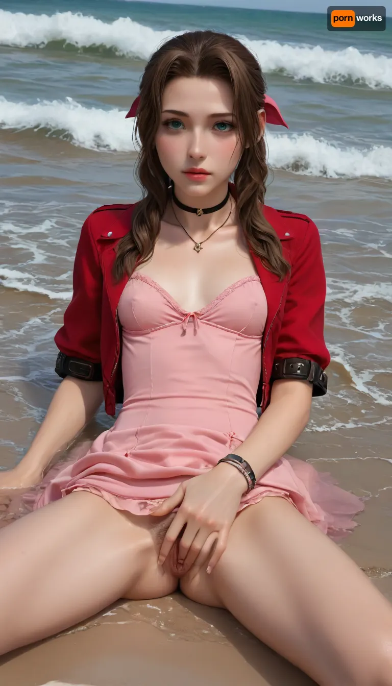 (Masterpice), (HD4K visual), (detailed background), 4K ultra-detailed image, HDR, enhancement, professional photography, precise anatomy, (perfect symmetry, 5 fingers per hand), realistic textures, maximum resolution, sharp focus, NSFW, picture, Aerith Gainsborough from Final Fantasy VII wearing a, ((long pink dress)), exhausted expression, athletic body, black and a short red jacket, hairy pussy, small breasts, perky pointed nipples, wet clothes, laying down, legs spread, fingering herself, washed up on shore, wide shot, on a beach, waves in backgrownd, sunny, day time, sun beaming down, incase, style, ratatatat74, defaerith, braided, ponytail, hair, bow, pink, choker, necklace, cropped, jacket, red, short, sleeves, dress, long, altaerith, very, ribbons, drill, star, ballgown, bare, shoulders, strapless, plunging, neckline, <lora:287175_training_data:1.4>, <lora:ratatatat74-000050:1.4>, <lora:aerith-xl-nvwls-v1:1>, <lora:add-detail-xl:2>