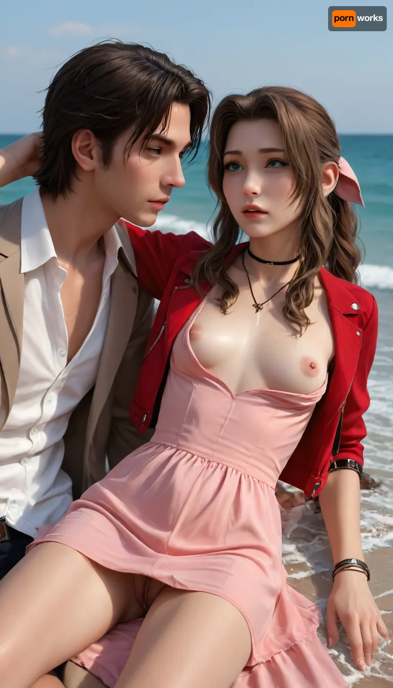 (Masterpice), (HD4K visual), (detailed background), 4K ultra-detailed image, HDR, enhancement, professional photography, precise anatomy, (perfect symmetry, 5 fingers per hand), realistic textures, maximum resolution, sharp focus, NSFW, picture, Aerith Gainsborough from Final Fantasy VII wearing a, ((long pink dress)), orgasm expression, athletic body, black and a short red jacket, hairy pussy, small breasts, perky pointed gumdrop nipples, wet clothes, laying down, legs spread, washed up on shore, wide shot, side view, on a beach, waves in backgrownd, sunny, day time, sun beaming down, incase, style, ratatatat74, defaerith, braided, ponytail, hair, bow, pink, choker, necklace, cropped, jacket, red, short, sleeves, dress, long, altaerith, very, ribbons, drill, star, ballgown, bare, shoulders, strapless, plunging, neckline, a groupof 4 nude native American brown men, standingin a circle around Aerith, big brown cocks, <lora:287175_training_data:1.4>, <lora:ratatatat74-000050:1.4>, <lora:aerith-xl-nvwls-v1:1.4>, <lora:add-detail-xl:2>, <lora:Dramatic_penis_SDXL:.8>