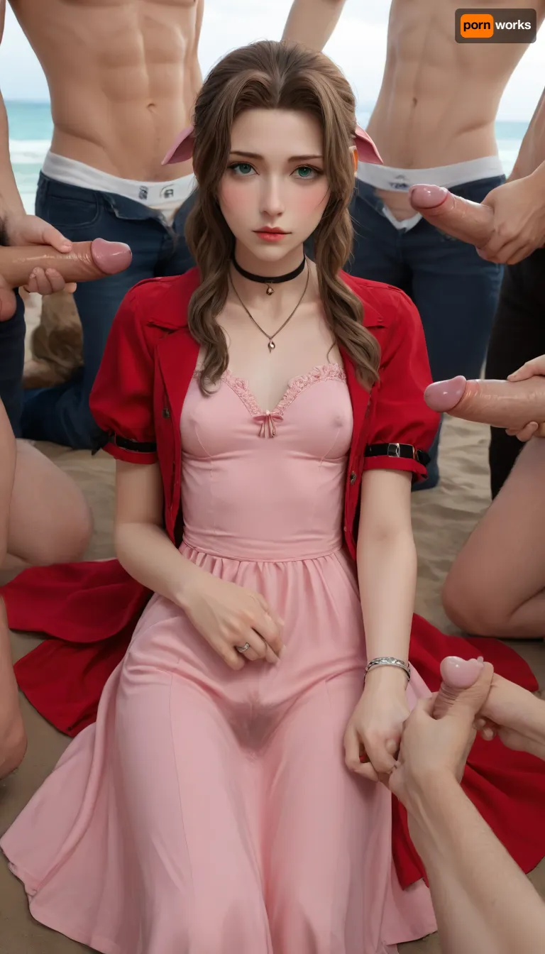 (Masterpice), (HD4K visual), (detailed background), 4K ultra-detailed image, HDR, enhancement, professional photography, precise anatomy, (perfect symmetry, 5 fingers per hand), realistic textures, maximum resolution, sharp focus, NSFW, picture, Aerith Gainsborough from Final Fantasy VII wearing a, ((long pink dress)), orgasm expression, athletic body, black and a short red jacket, hairy pussy, small breasts, perky pointed gumdrop nipples, wet clothes, laying down, legs spread, washed up on shore, wide shot, side view, on a beach, waves in backgrownd, sunny, day time, sun beaming down, incase, style, ratatatat74, defaerith, braided, ponytail, hair, bow, pink, choker, necklace, cropped, jacket, red, short, sleeves, dress, long, altaerith, very, ribbons, drill, star, ballgown, bare, shoulders, strapless, plunging, neckline, a group of 4 nude Indian brown men, men standing in a circle around Aerith, big brown cocks, handjob, <lora:287175_training_data:1.4>, <lora:ratatatat74-000050:1.4>, <lora:aerith-xl-nvwls-v1:1.4>, <lora:add-detail-xl:2>