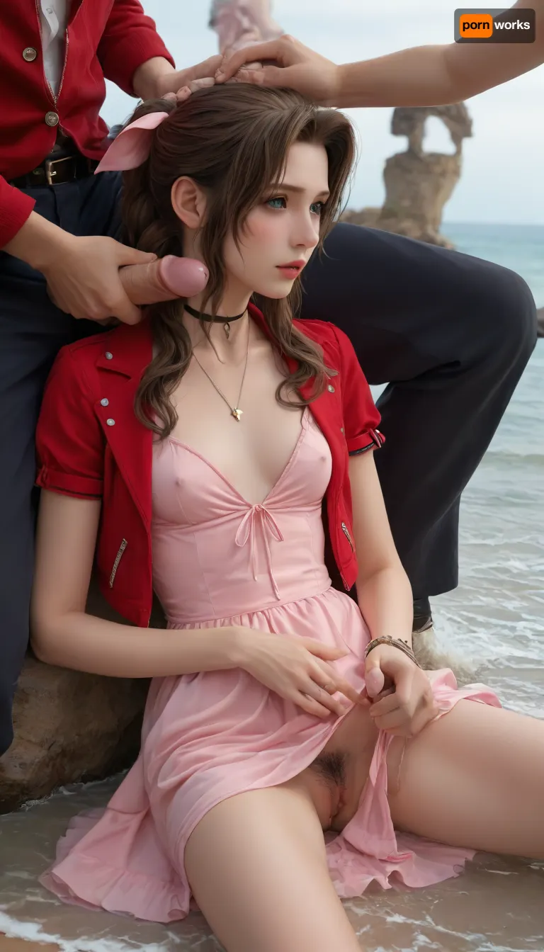 (Masterpice), (HD4K visual), (detailed background), 4K ultra-detailed image, HDR, enhancement, professional photography, precise anatomy, (perfect symmetry, 5 fingers per hand), realistic textures, maximum resolution, sharp focus, NSFW, picture, Aerith Gainsborough from Final Fantasy VII wearing a, ((long pink dress)), orgasm expression, athletic body, black and a short red jacket, hairy pussy, small breasts, perky pointed gumdrop nipples, wet clothes, laying down, legs spread, washed up on shore, wide shot, side view, on a beach, waves in backgrownd, sunny, day time, sun beaming down, incase, style, ratatatat74, defaerith, braided, ponytail, hair, bow, pink, choker, necklace, cropped, jacket, red, short, sleeves, dress, long, altaerith, very, ribbons, drill, star, ballgown, bare, shoulders, strapless, plunging, neckline, big buff men, men standing around Aerith, big brown cocks, handjob, <lora:287175_training_data:1.4>, <lora:ratatatat74-000050:1.4>, <lora:aerith-xl-nvwls-v1:1.4>, <lora:add-detail-xl:2>